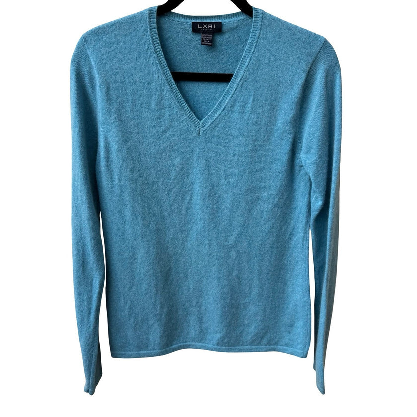 LXRI 100% Cashmere Quiet Luxury Preppy Coastal Minimalist Sweater Turquoise M