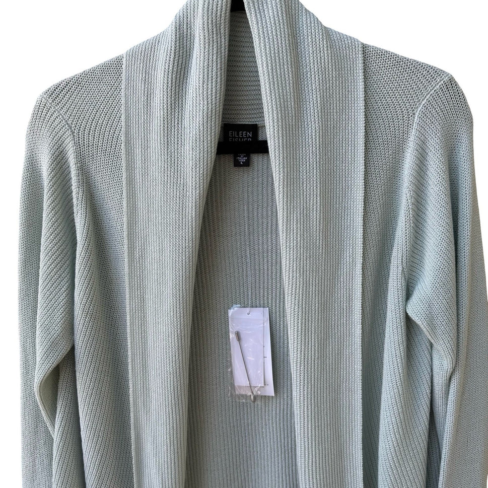 Eileen Fisher Italian Silk Organic Cotton Open Front Cardigan Sky Blue L NEW