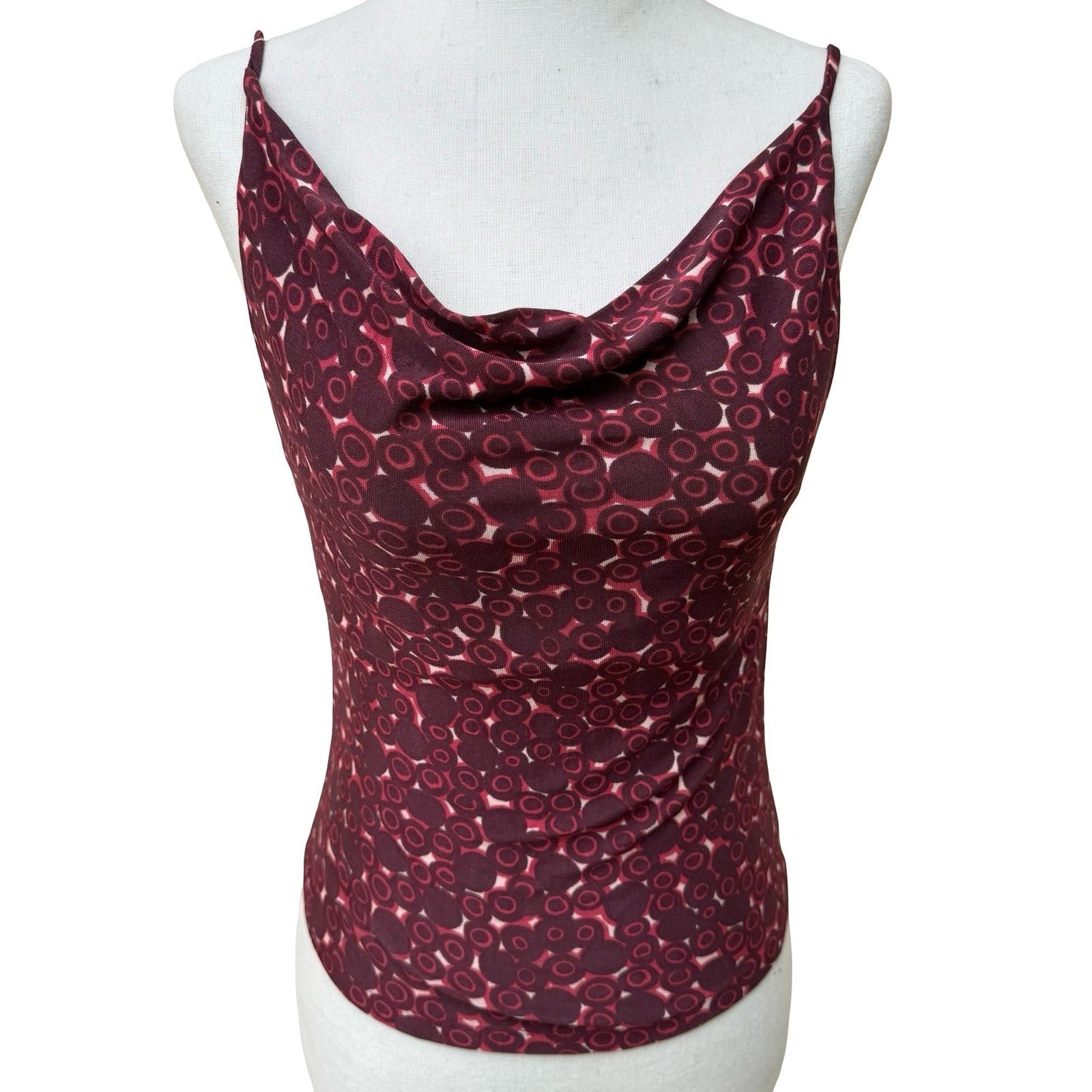 Lance Karesh Y2K 90s Burgundy Chic Circle Print Cowl Neck Open Back Camisole Top