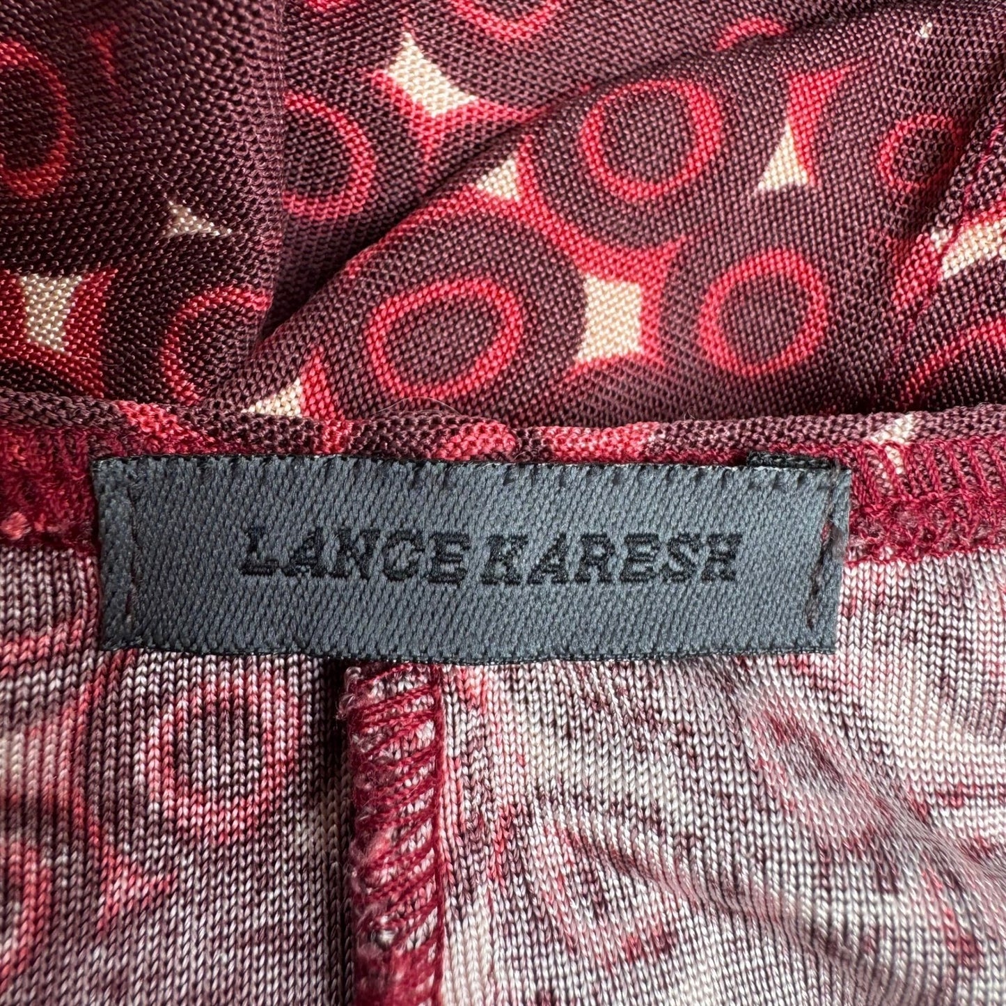 Lance Karesh Y2K 90s Burgundy Chic Circle Print Cowl Neck Open Back Camisole Top