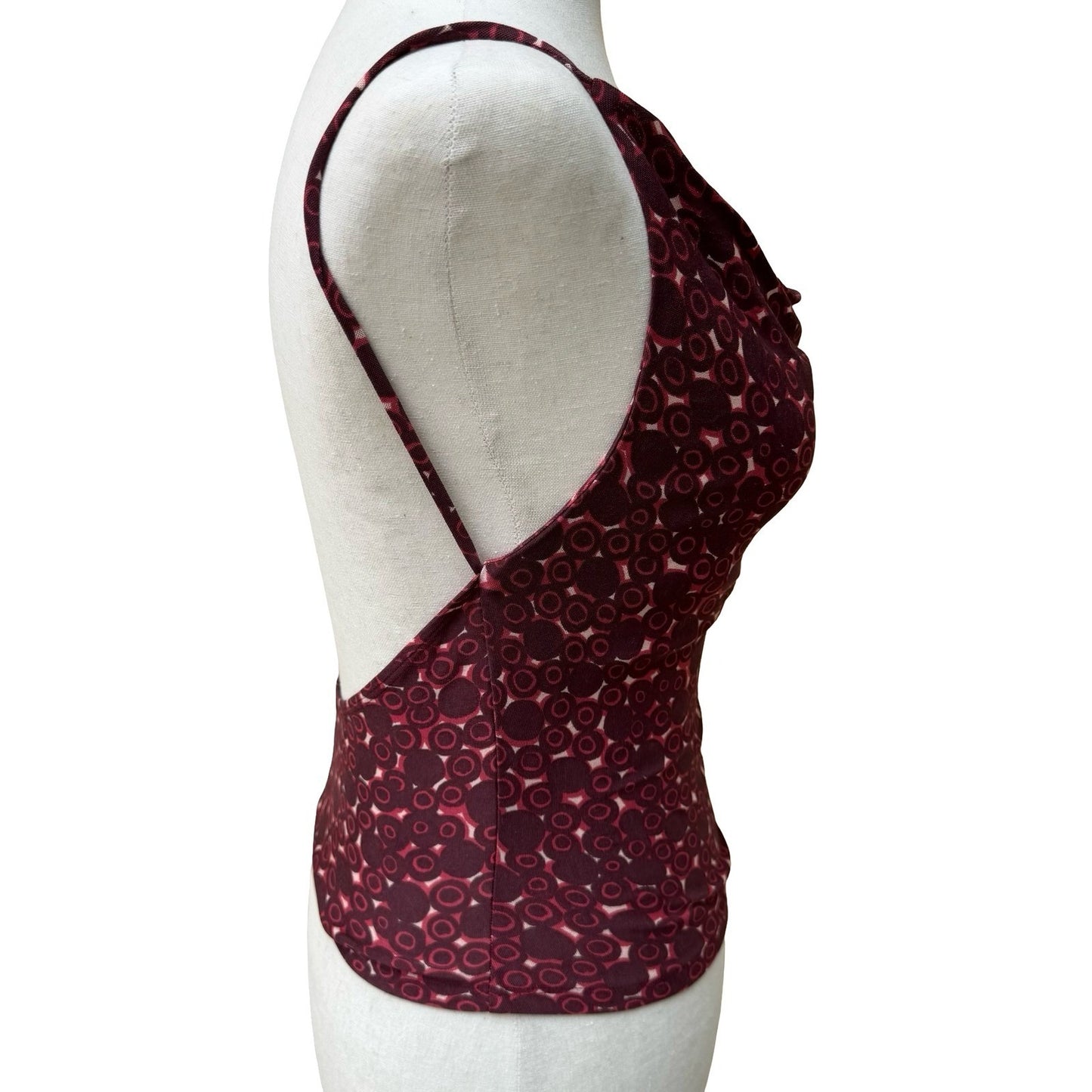 Lance Karesh Y2K 90s Burgundy Chic Circle Print Cowl Neck Open Back Camisole Top