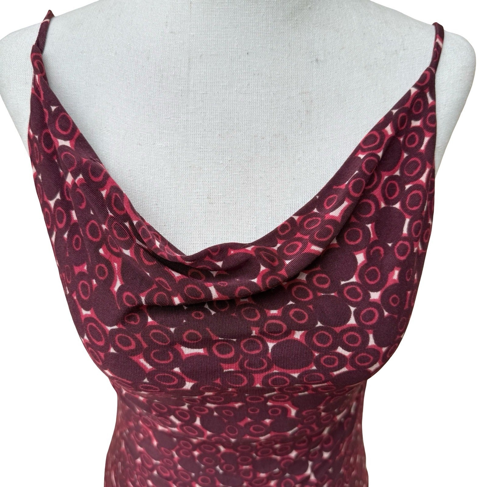 Lance Karesh Y2K 90s Burgundy Chic Circle Print Cowl Neck Open Back Camisole Top