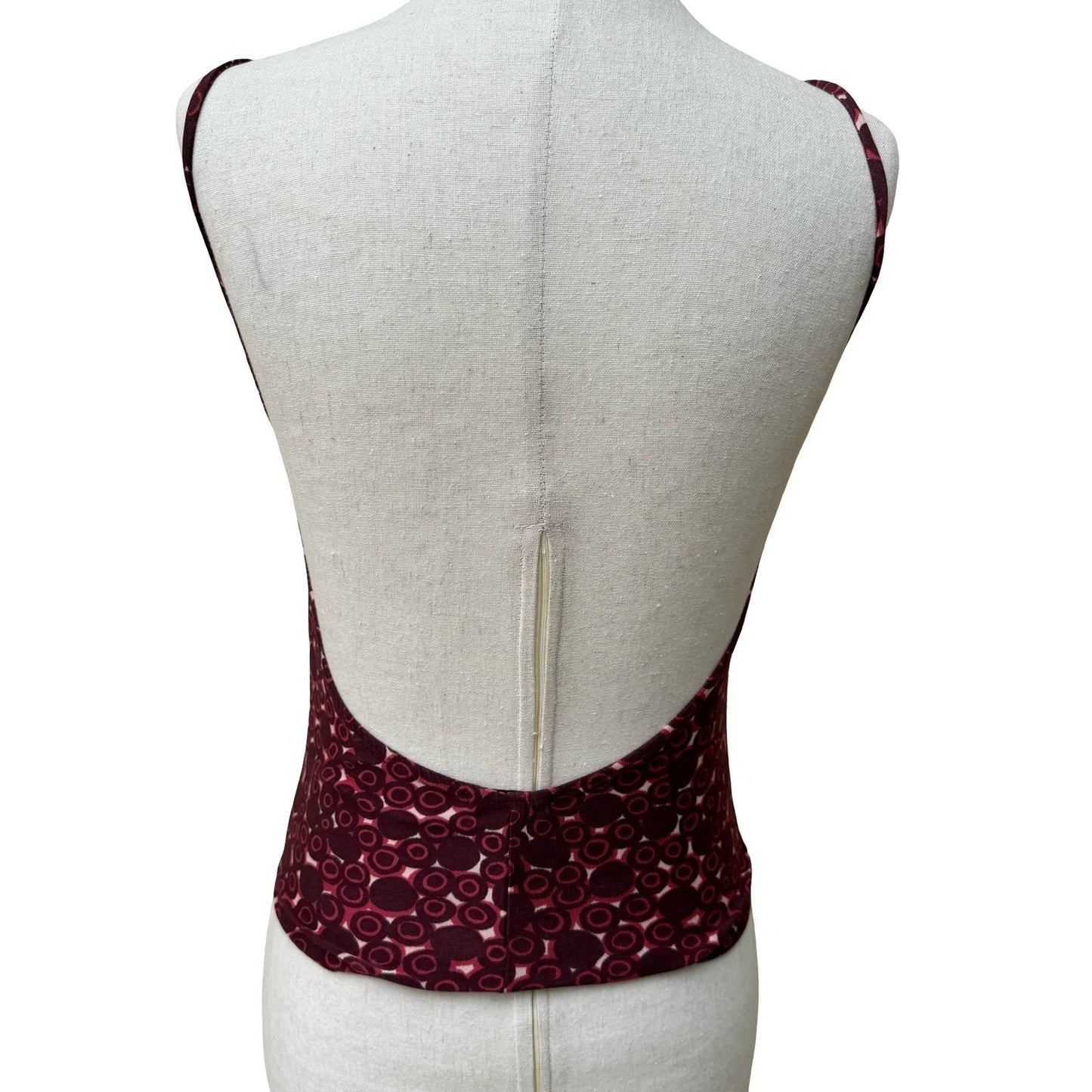 Lance Karesh Y2K 90s Burgundy Chic Circle Print Cowl Neck Open Back Camisole Top