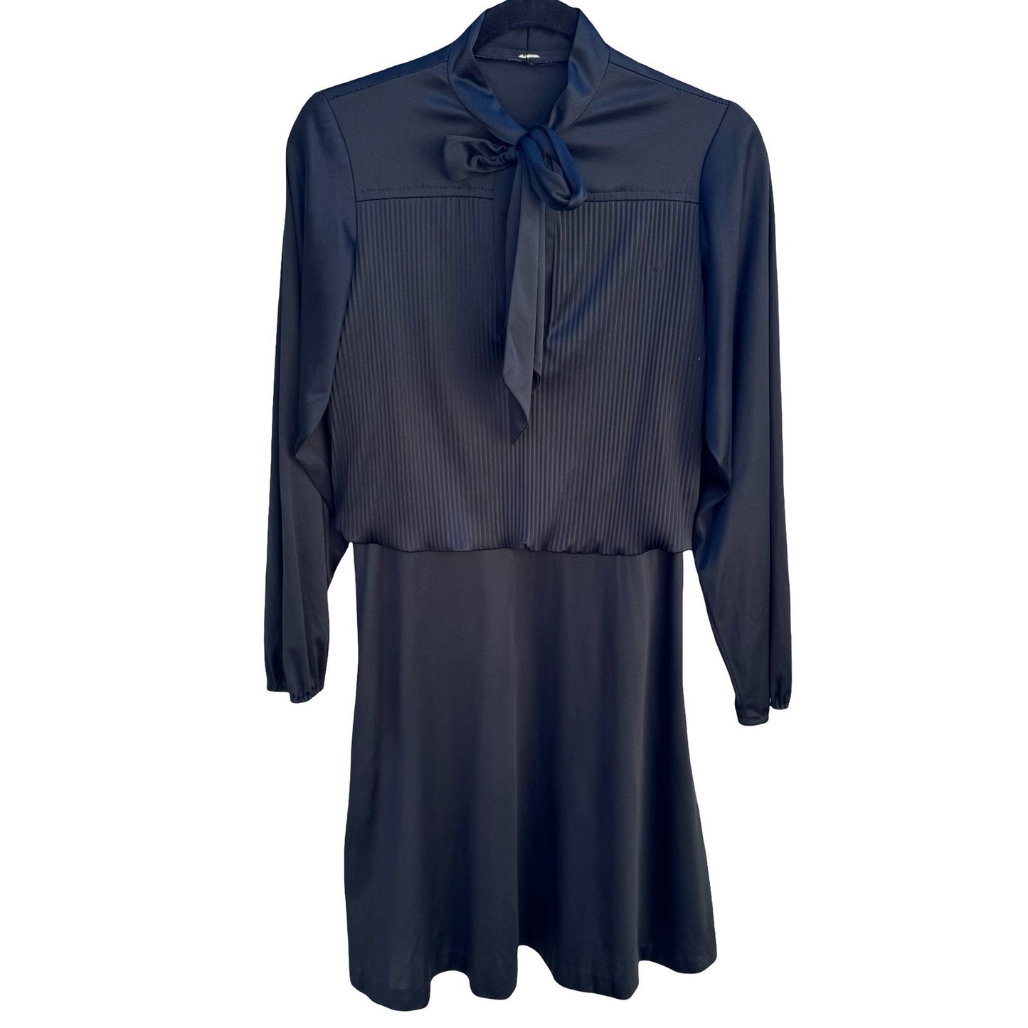 Vintage Black Tie Neck Pleated Long Sleeve Dress Officecore Secretary Style