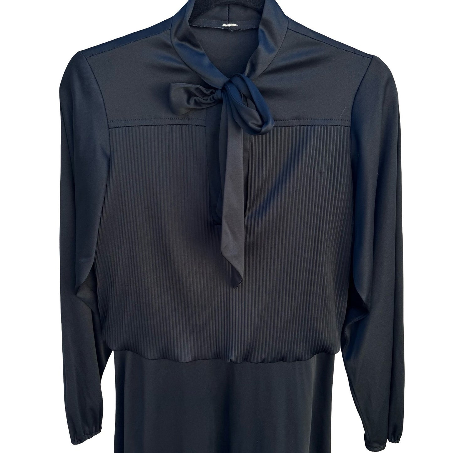 Vintage Black Tie Neck Pleated Long Sleeve Dress Officecore Secretary Style