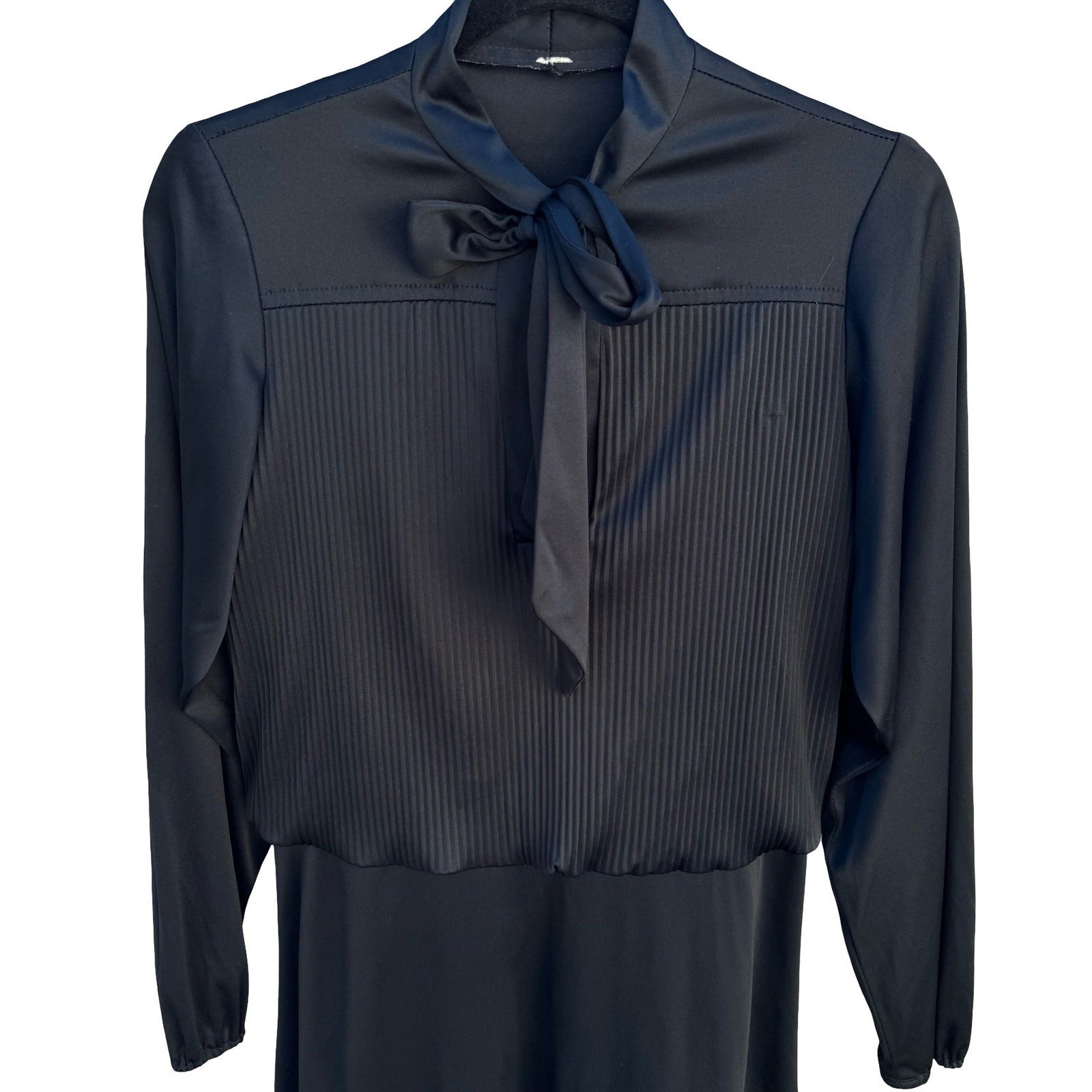 Vintage Black Tie Neck Pleated Long Sleeve Dress Officecore Secretary Style