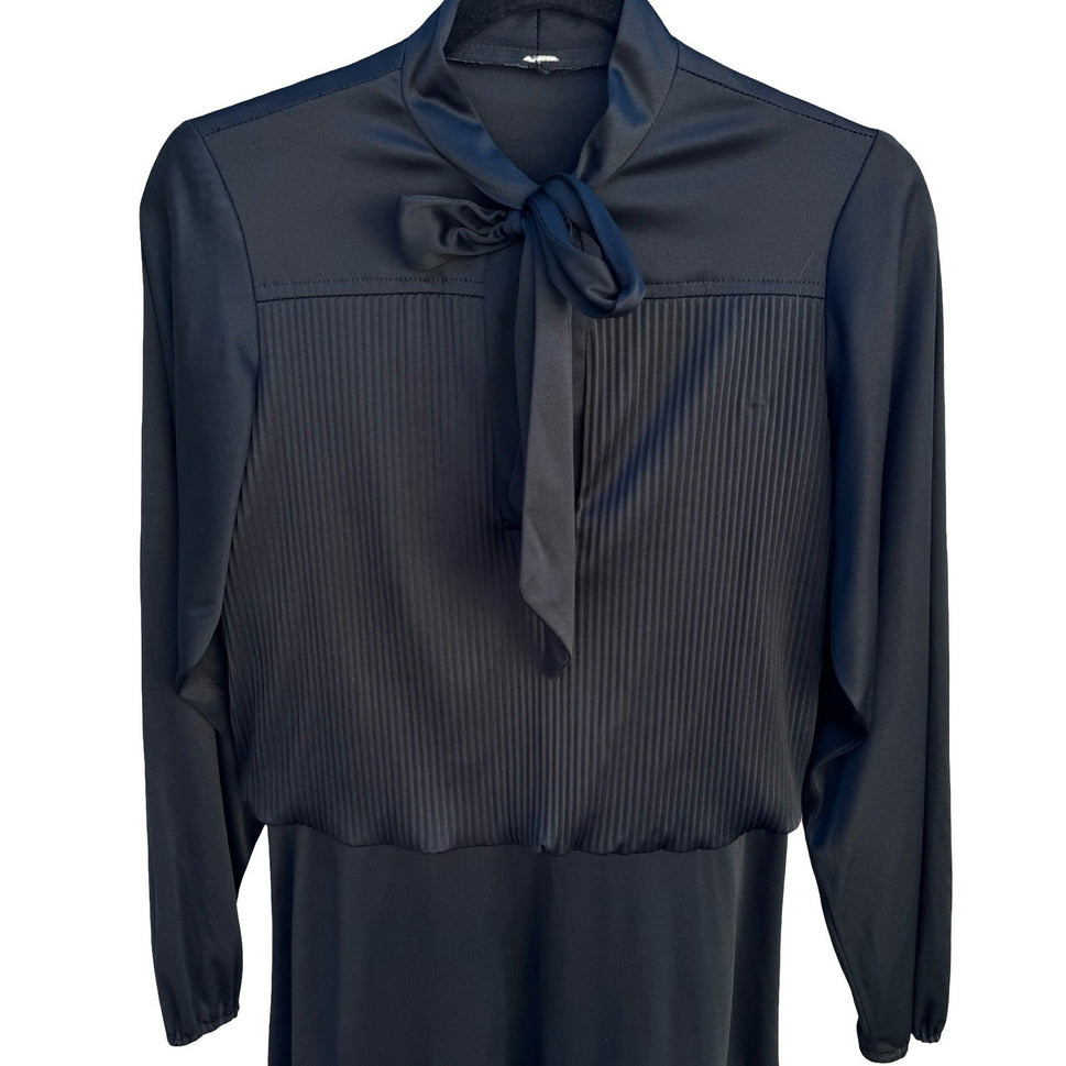Vintage Black Tie Neck Pleated Long Sleeve Dress Officecore Secretary Style