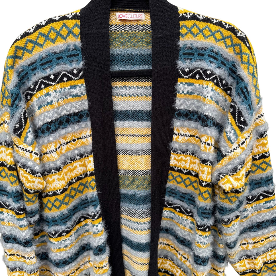 Love Culture Striped Open Front Fuzzy Knit Cardigan Sweater Cozy Knit Womens S/M