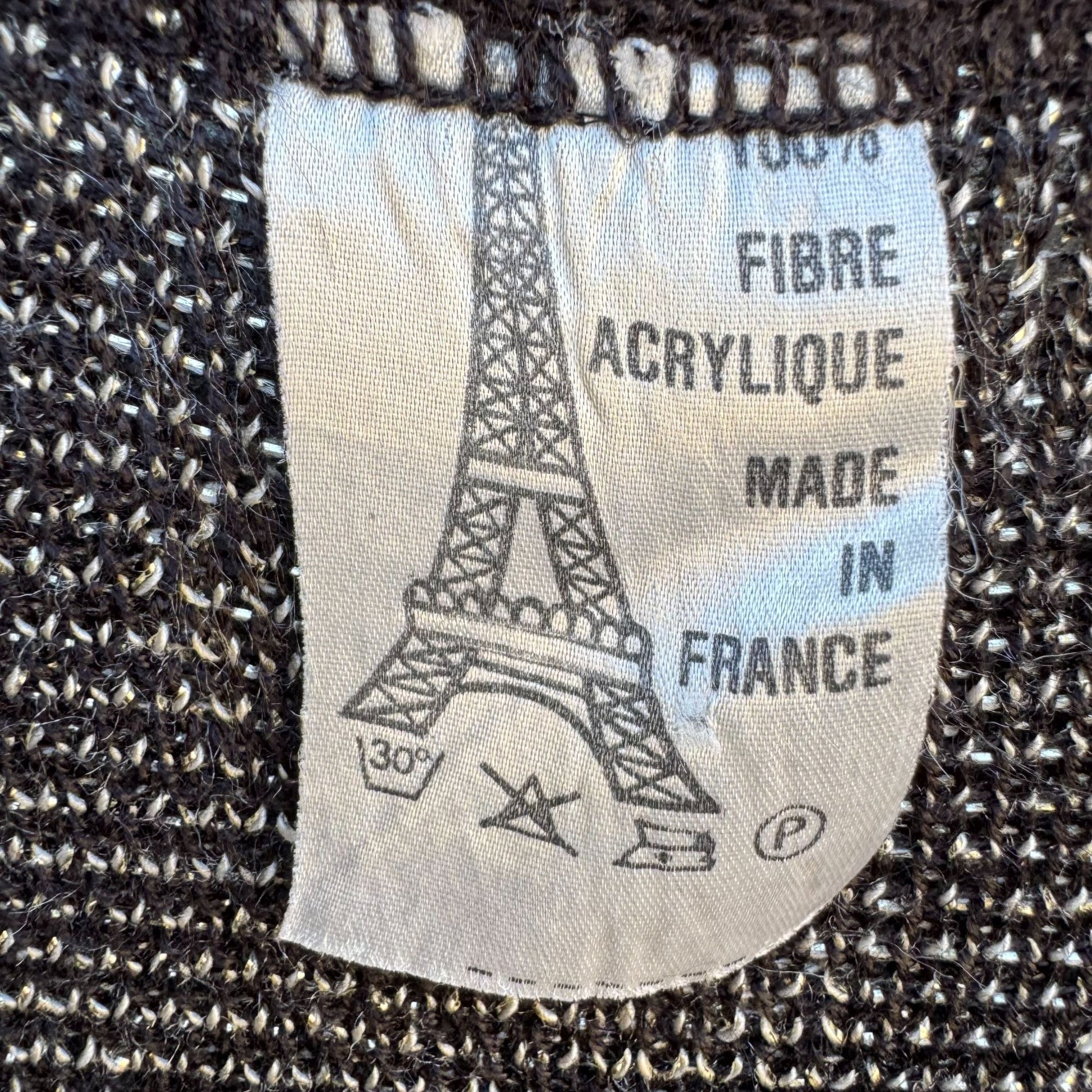 Vintage Womens Black Open Front Knit Abstract Metallic Print Made In France Vest