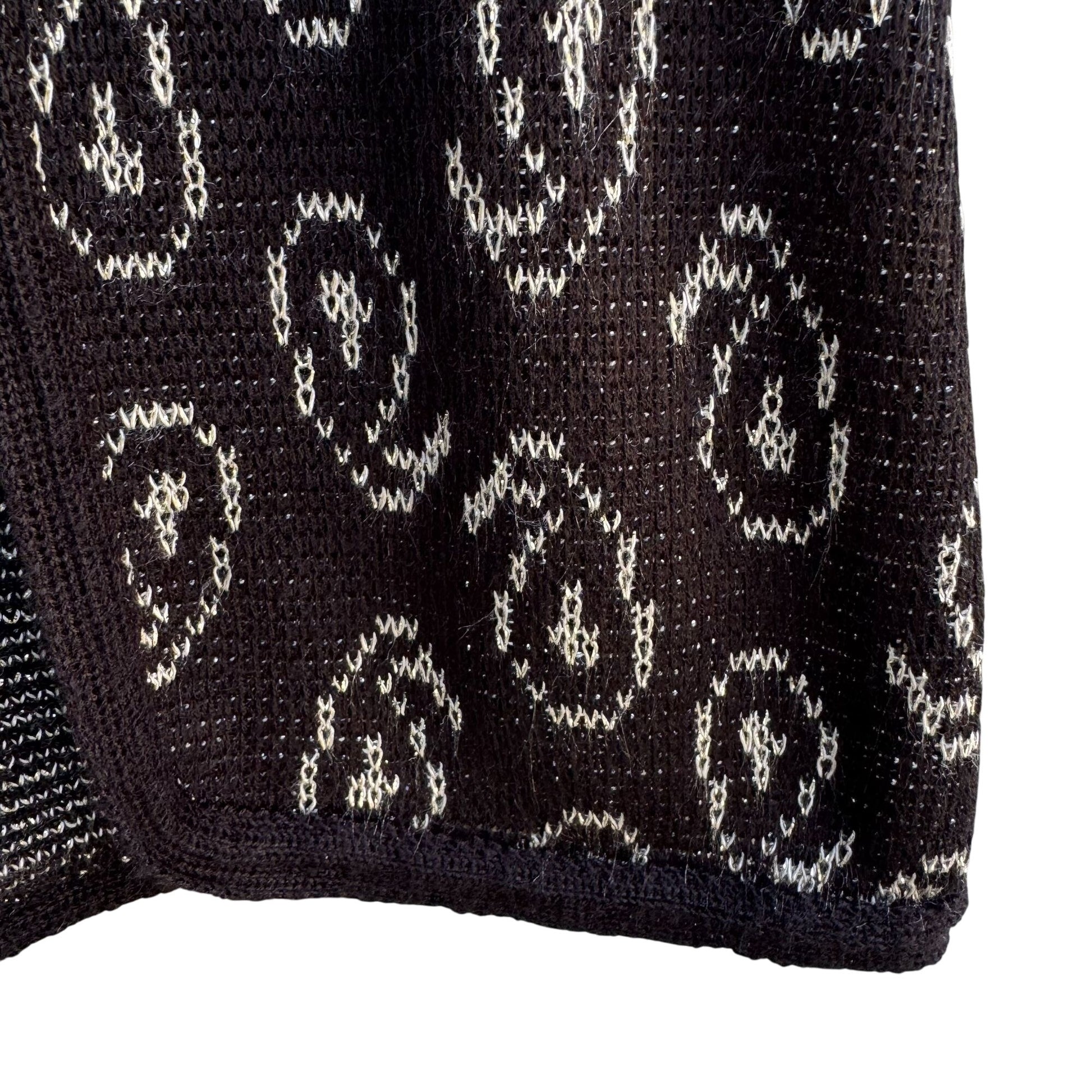 Vintage Womens Black Open Front Knit Abstract Metallic Print Made In France Vest