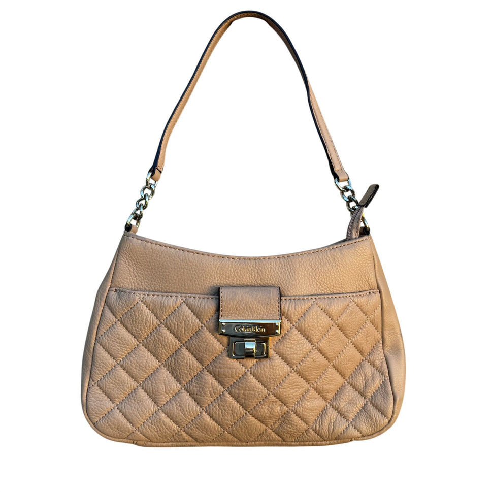 Calvin Klein Quilted Tan Leather Shoulder Bag Gold Hardware Handbag Purse Preppy