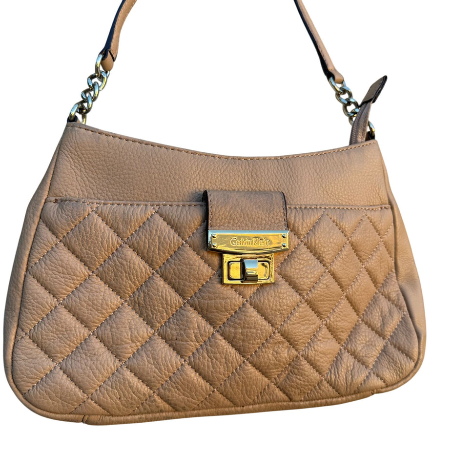 Calvin Klein Quilted Tan Leather Shoulder Bag Gold Hardware Handbag Purse Preppy