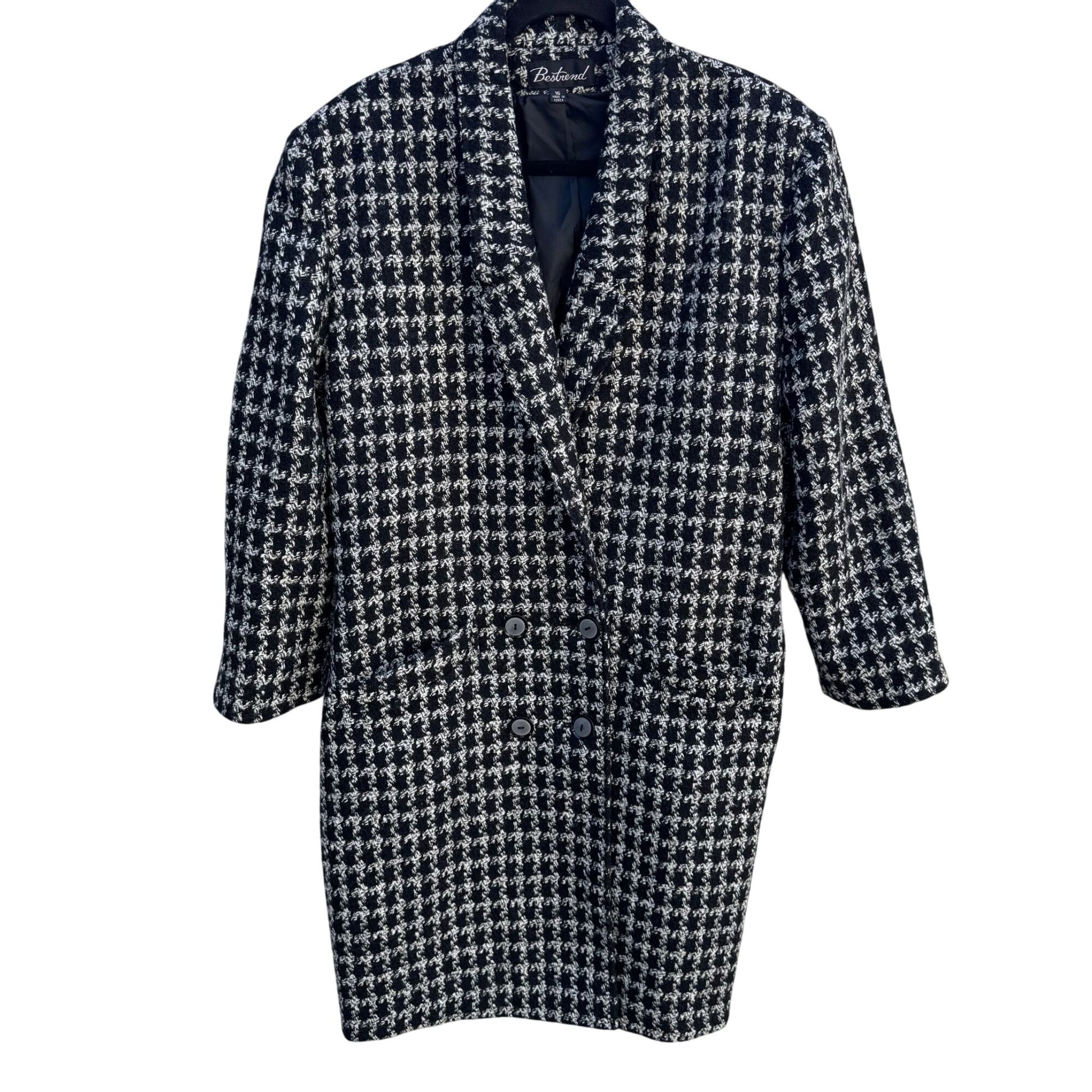 Bestrend Vintage Black & White Houndstooth Wool Blend Chic Outerwear Dress Coat
