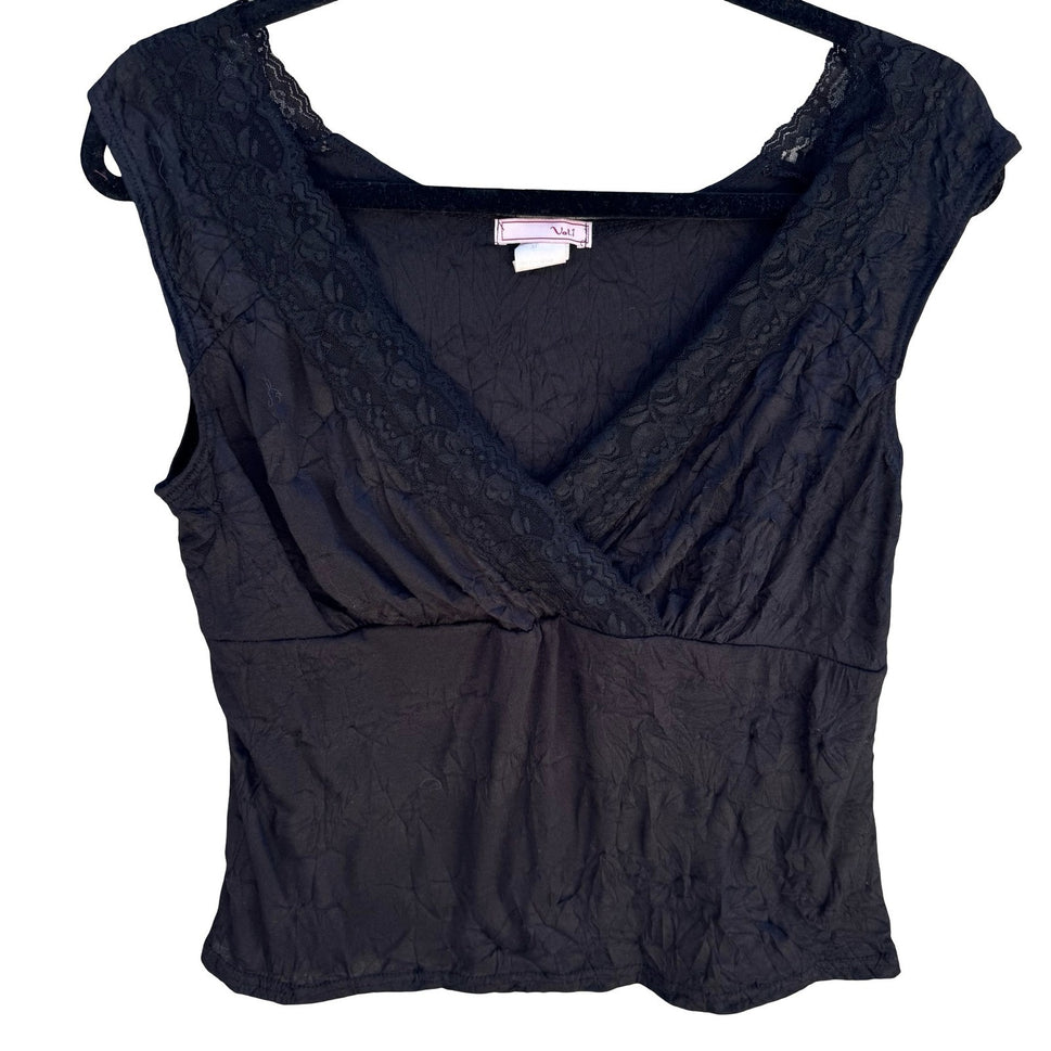 Vol 1 Y2K Black Crinkle Lace Trim V-Neck Empire Waist Top XL Whimsigoth Grunge