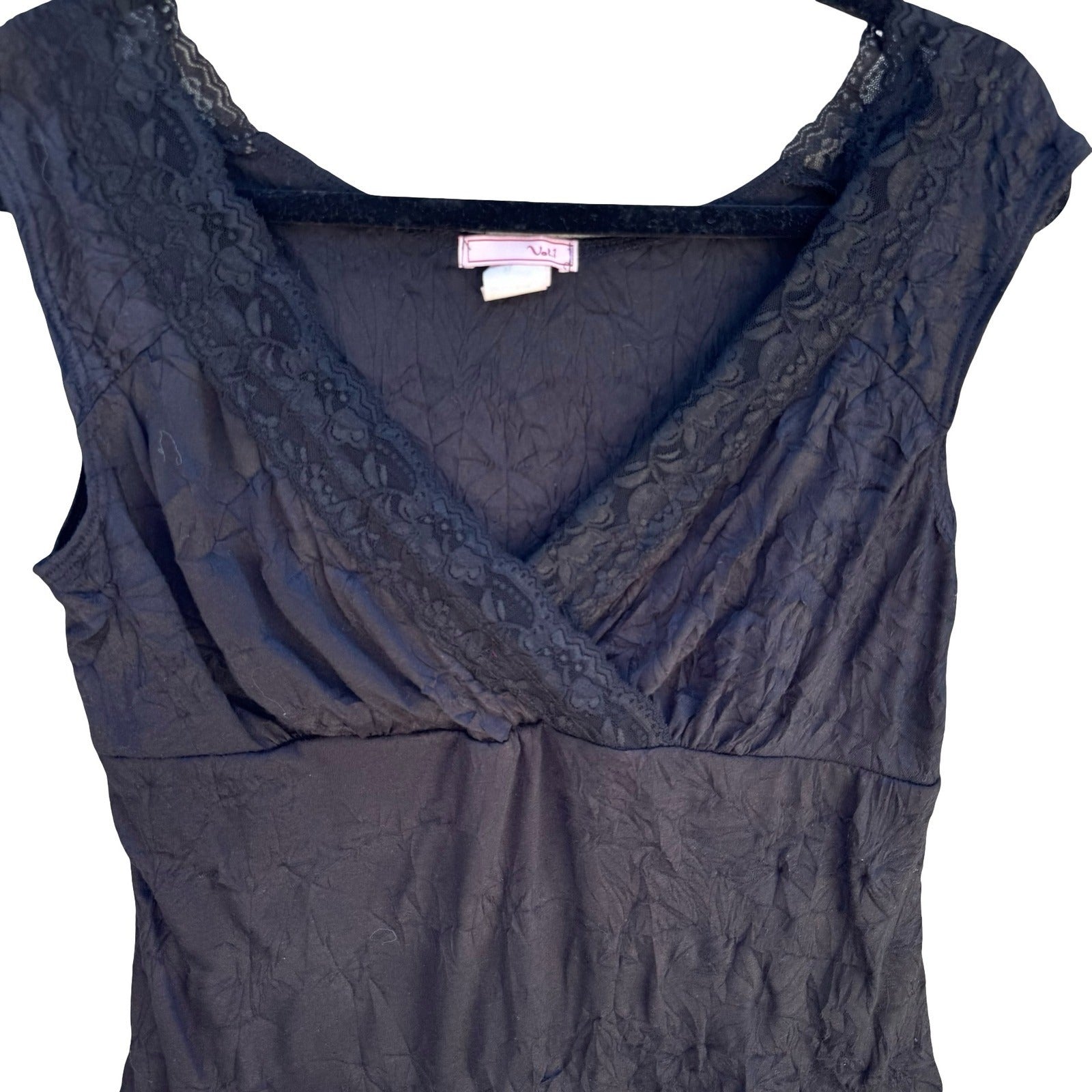 Vol 1 Y2K Black Crinkle Lace Trim V-Neck Empire Waist Top XL Whimsigoth Grunge