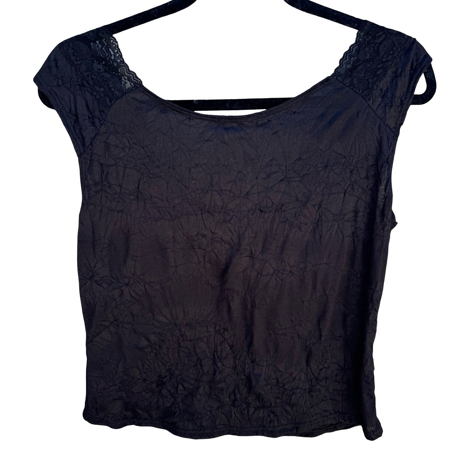 Vol 1 Y2K Black Crinkle Lace Trim V-Neck Empire Waist Top XL Whimsigoth Grunge