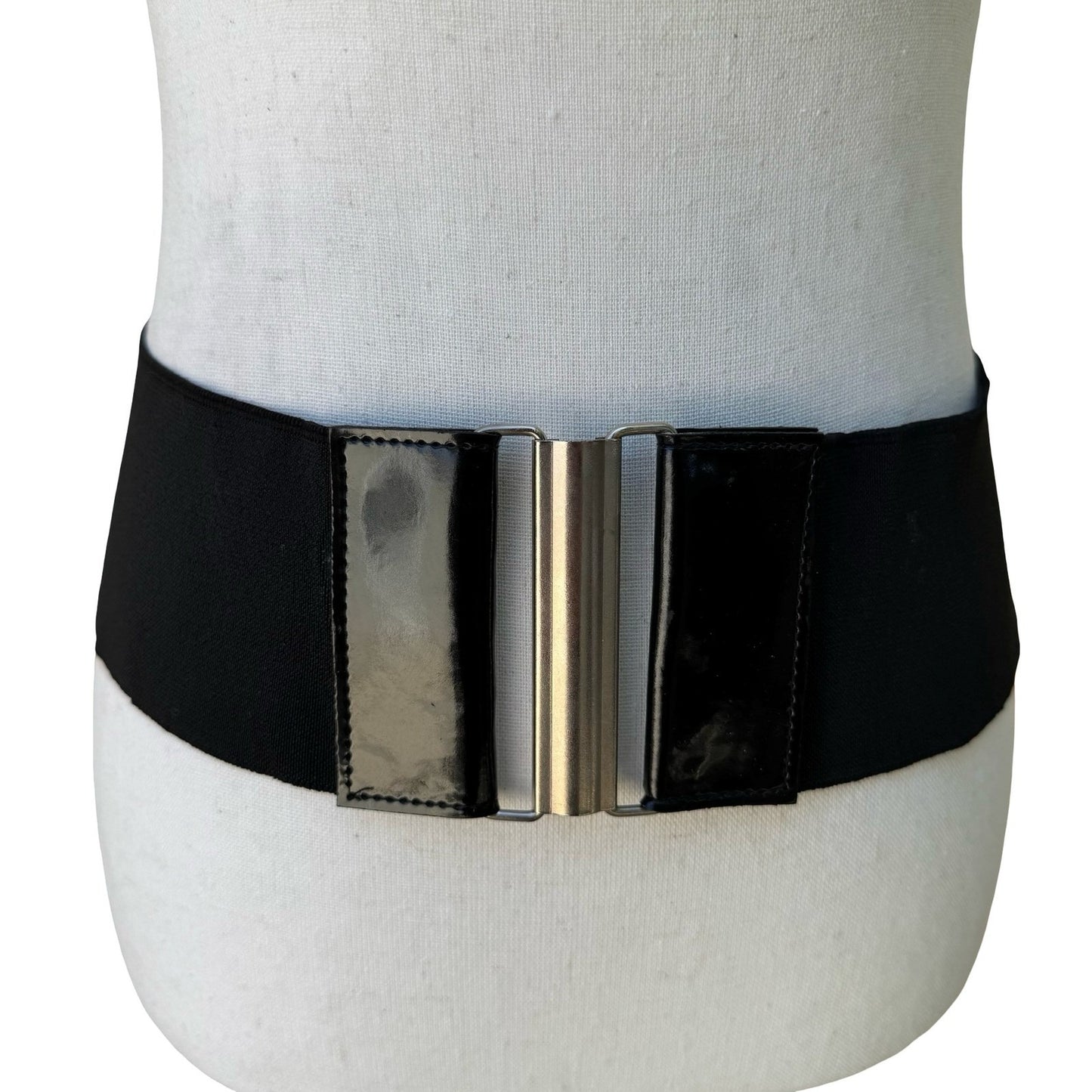 Vintage 90s Y2K Wide Black Elastic Cinch Belt Patent Panels Silver Slide Buckle