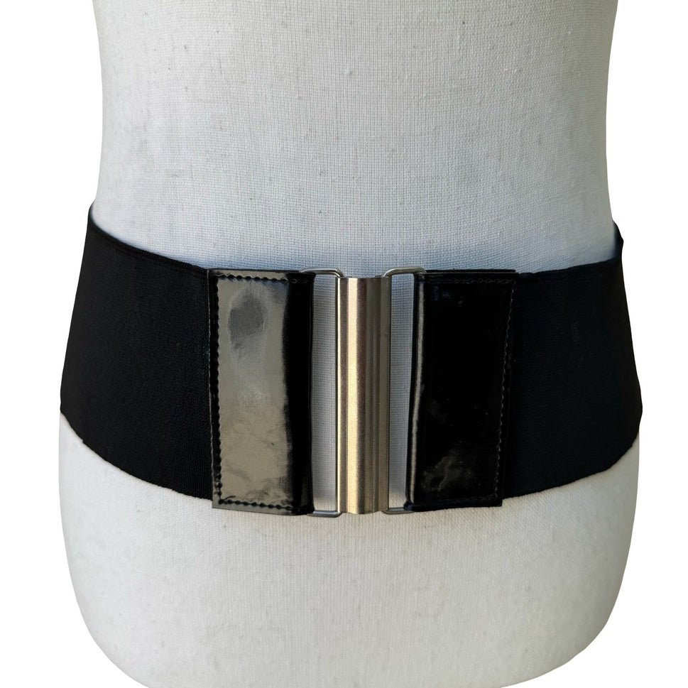 Vintage 90s Y2K Wide Black Elastic Cinch Belt Patent Panels Silver Slide Buckle