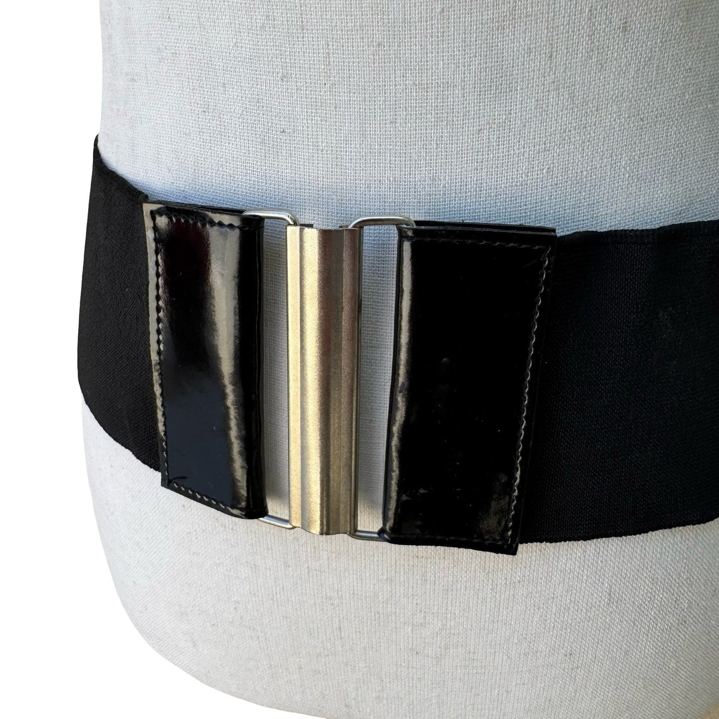 Vintage 90s Y2K Wide Black Elastic Cinch Belt Patent Panels Silver Slide Buckle
