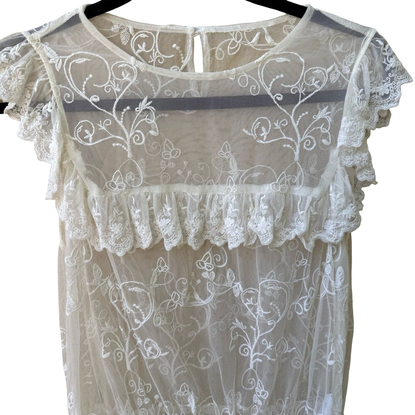 Forever 21 Coquette Floral Embroidered Sheer Mesh Lace Ruffle Peplum Blouse S