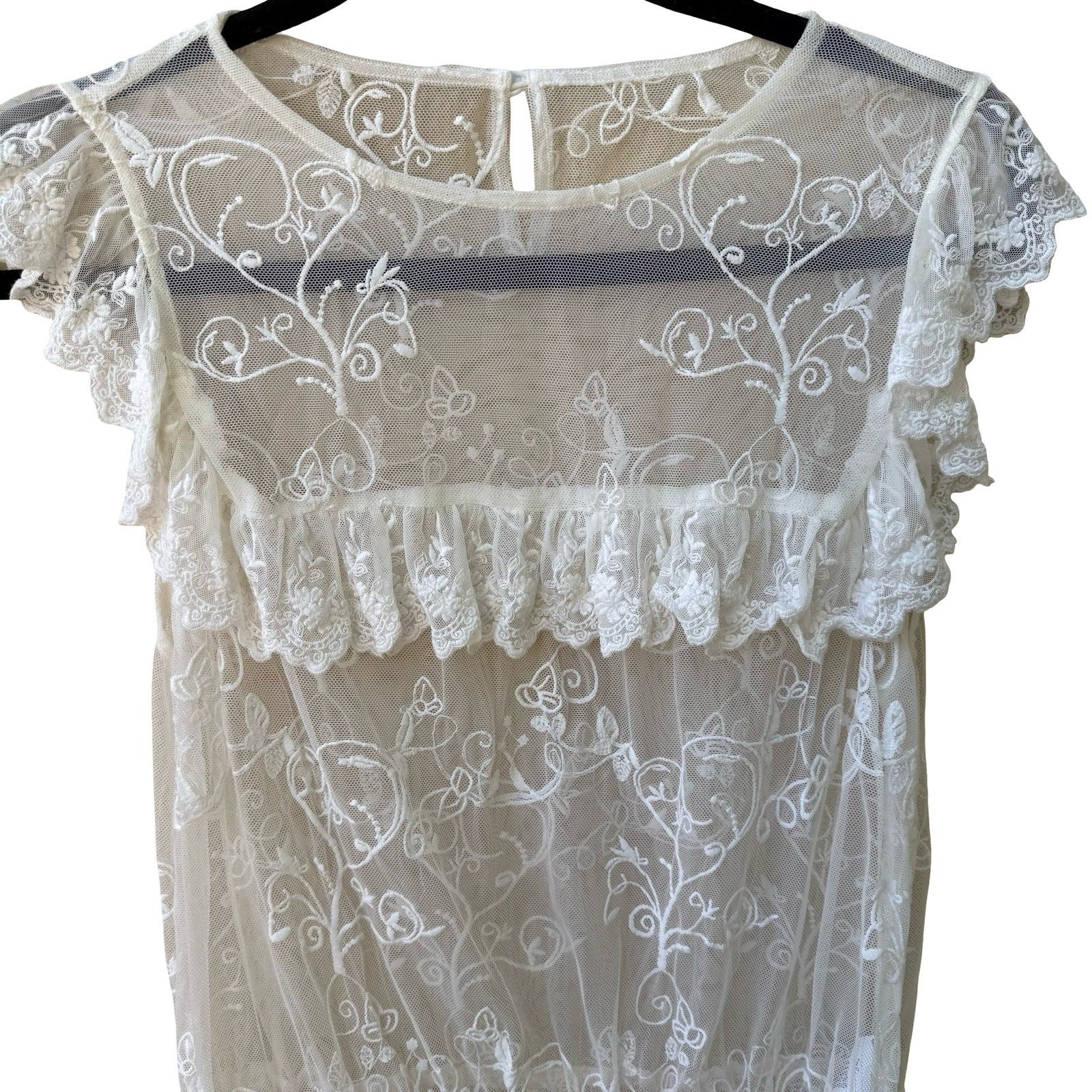 Forever 21 Coquette Floral Embroidered Sheer Mesh Lace Ruffle Peplum Blouse S