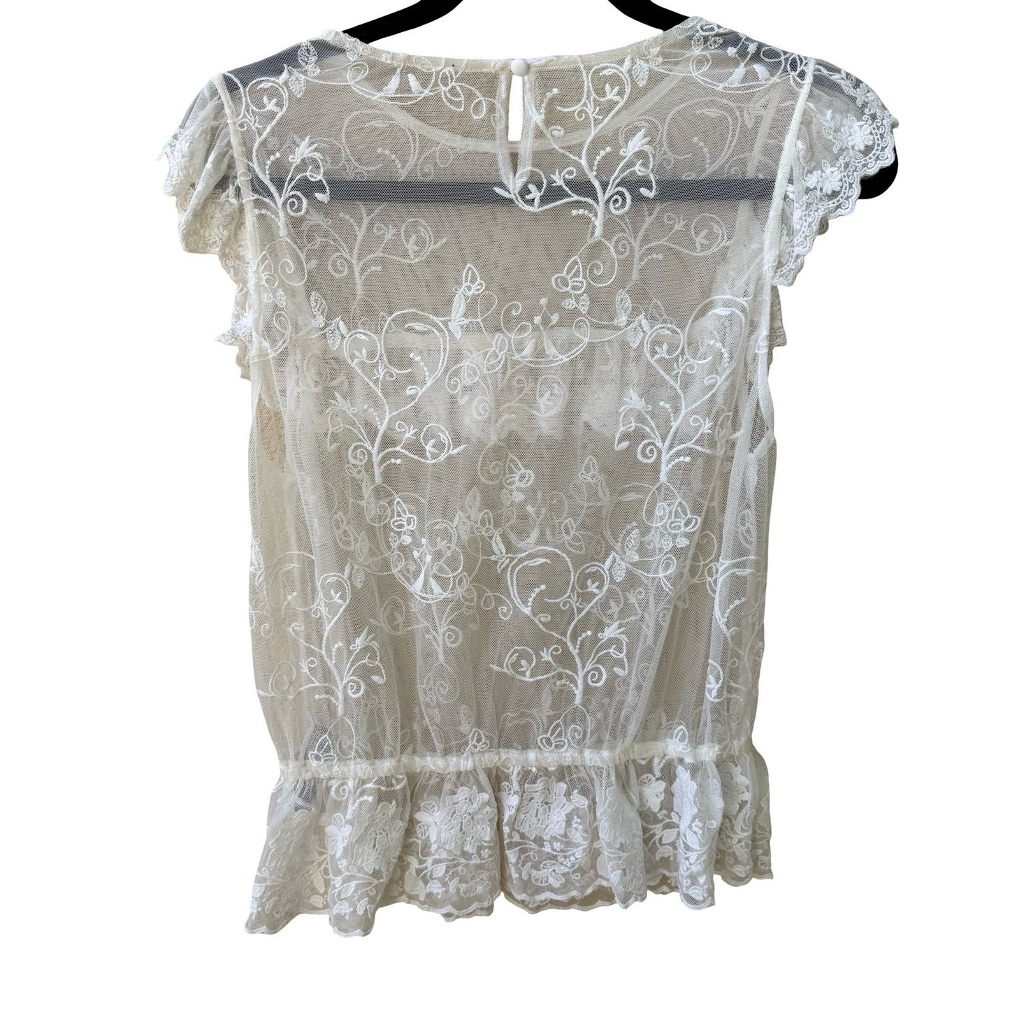 Forever 21 Coquette Floral Embroidered Sheer Mesh Lace Ruffle Peplum Blouse S