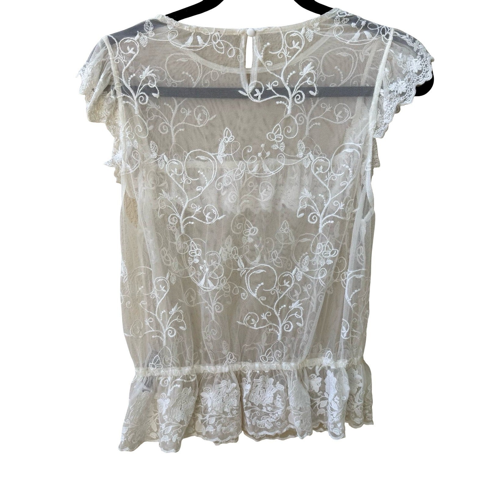 Forever 21 Coquette Floral Embroidered Sheer Mesh Lace Ruffle Peplum Blouse S