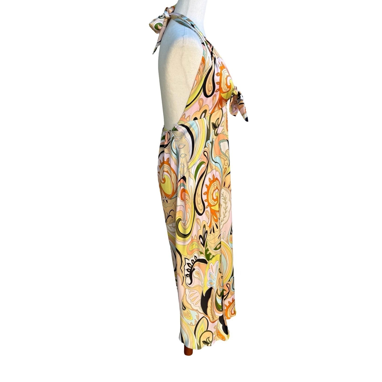 Zara Mod Retro 70s Style Boho Resortwear Paisley Halter Backless Midi Dress XS