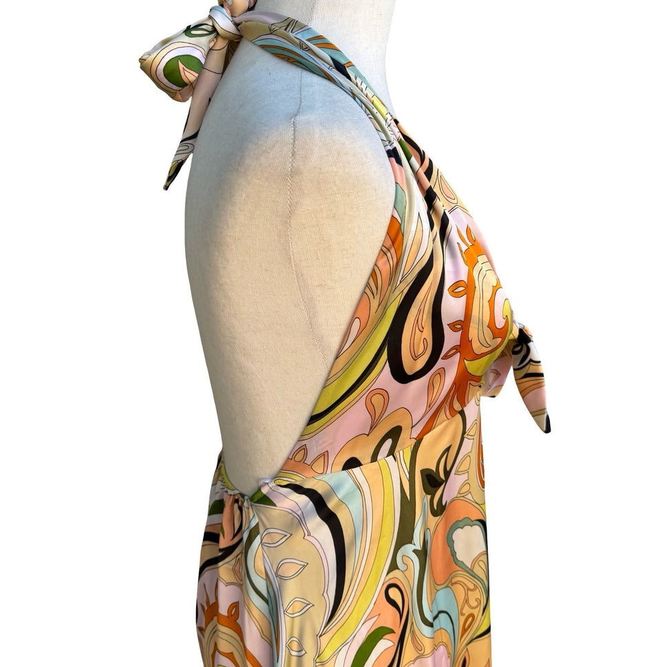 Zara Mod Retro 70s Style Boho Resortwear Paisley Halter Backless Midi Dress XS