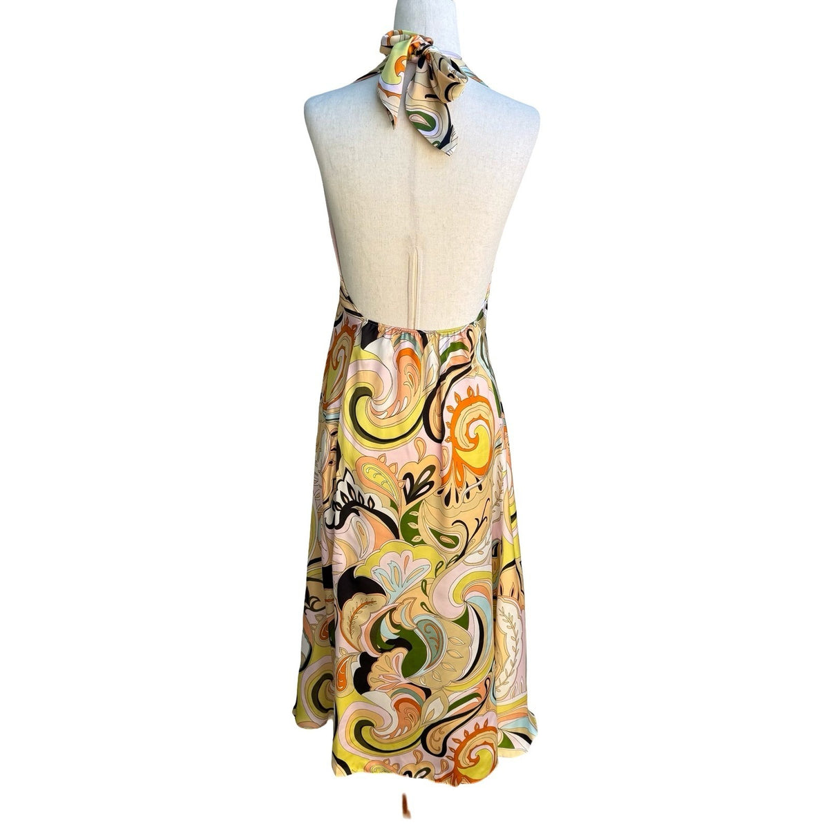 Zara Mod Retro 70s Style Boho Resortwear Paisley Halter Backless Midi Dress XS