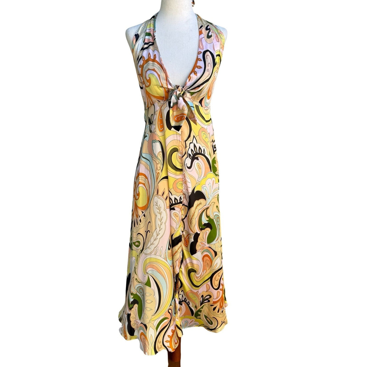 Zara Mod Retro 70s Style Boho Resortwear Paisley Halter Backless Midi Dress XS