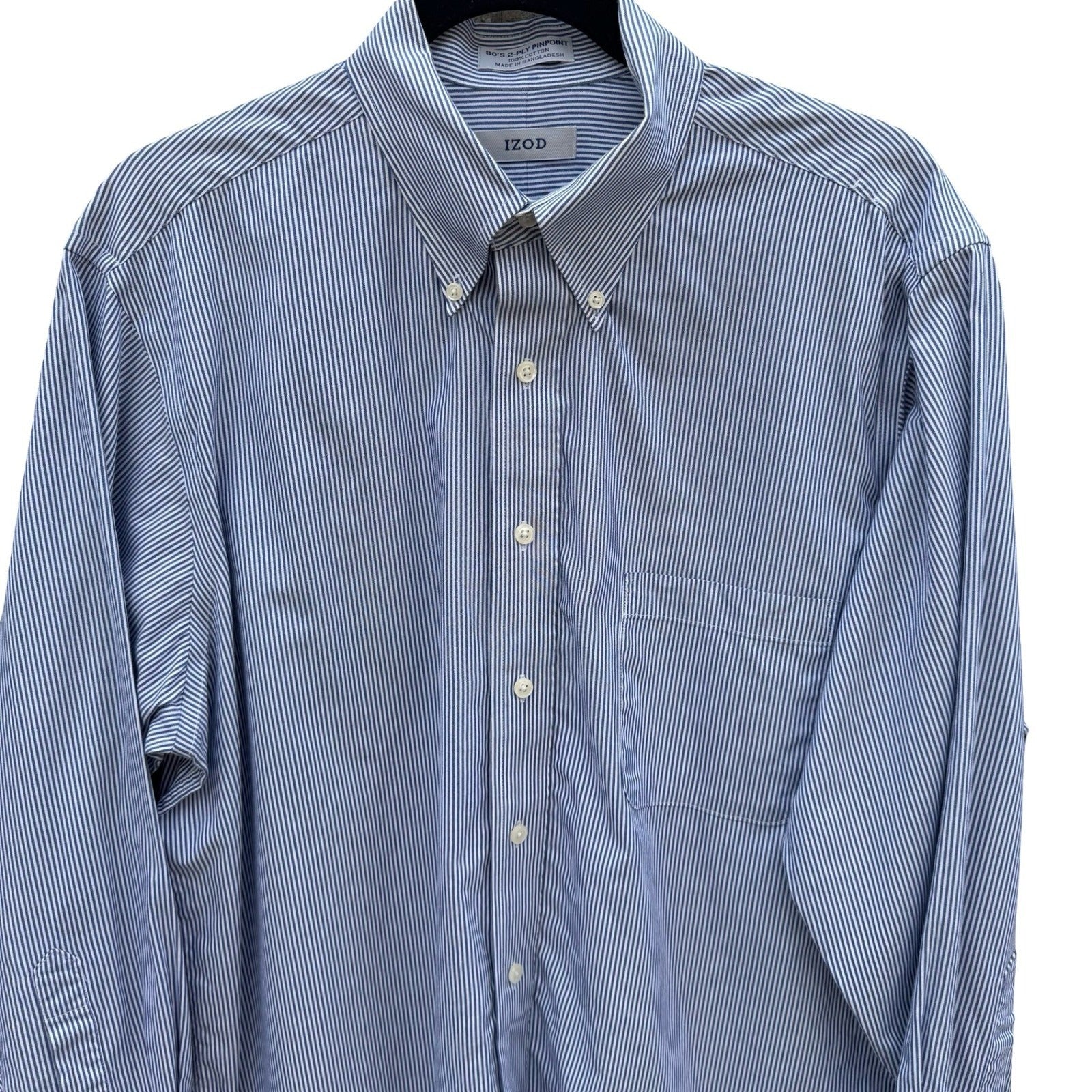 IZOD Vintage Mens Blue Striped 80s 2-Ply Pinpoint Oxford Shirt 16.5 32/33 L