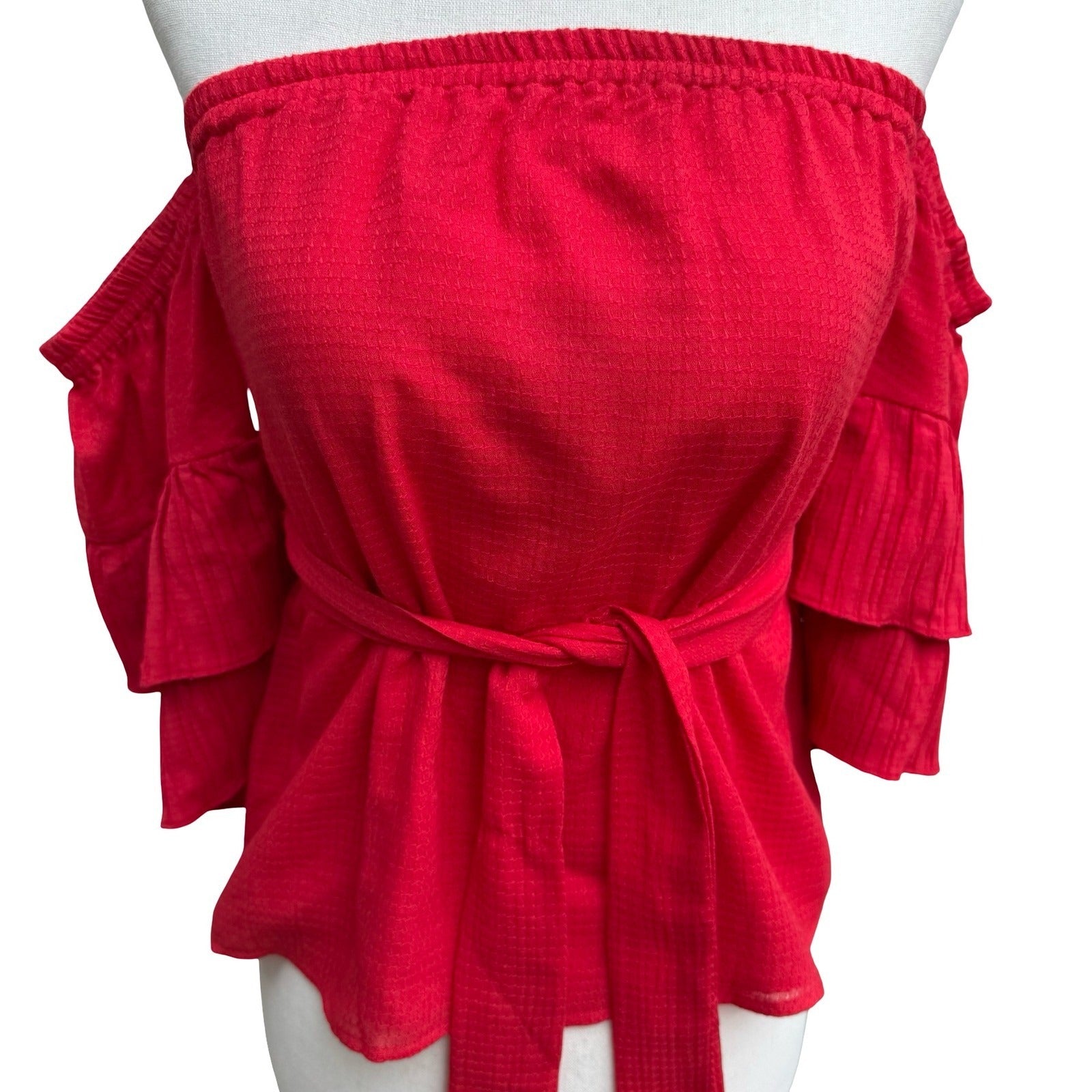 Suboo Romantic Boho Feminine Off Shoulder Ruffle Sleeve Peplum Tiered Top Red XS