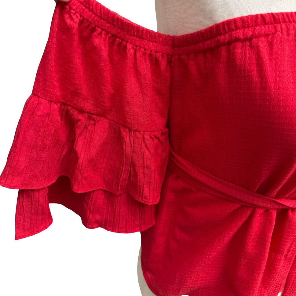 Suboo Romantic Boho Feminine Off Shoulder Ruffle Sleeve Peplum Tiered Top Red XS