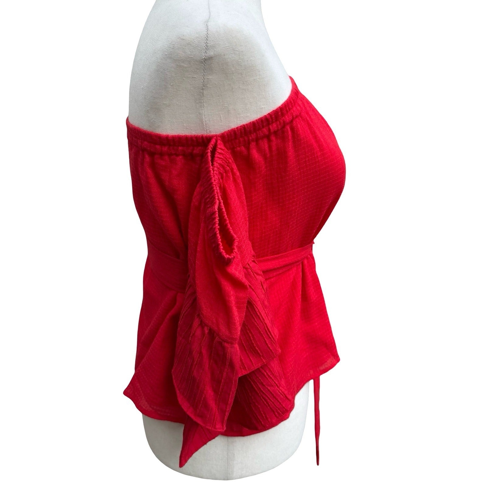 Suboo Romantic Boho Feminine Off Shoulder Ruffle Sleeve Peplum Tiered Top Red XS