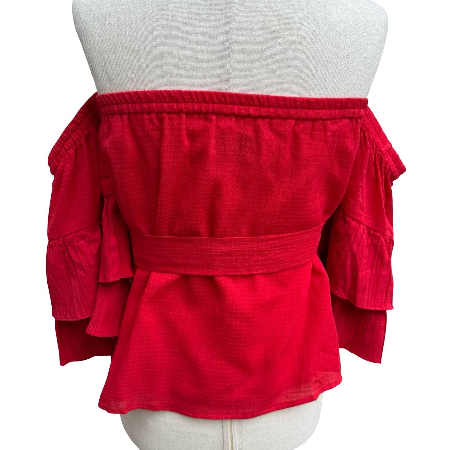 Suboo Romantic Boho Feminine Off Shoulder Ruffle Sleeve Peplum Tiered Top Red XS