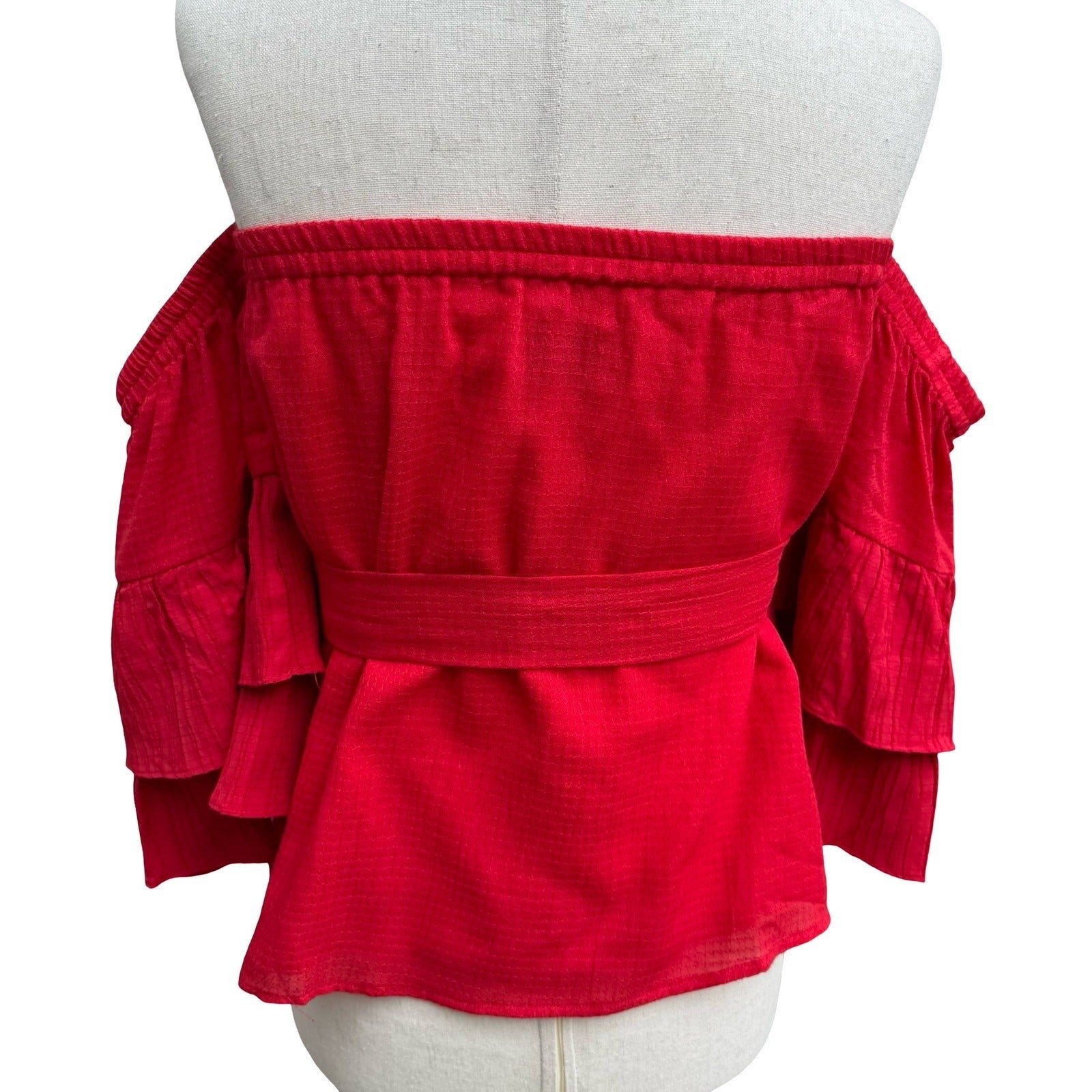 Suboo Romantic Boho Feminine Off Shoulder Ruffle Sleeve Peplum Tiered Top Red XS