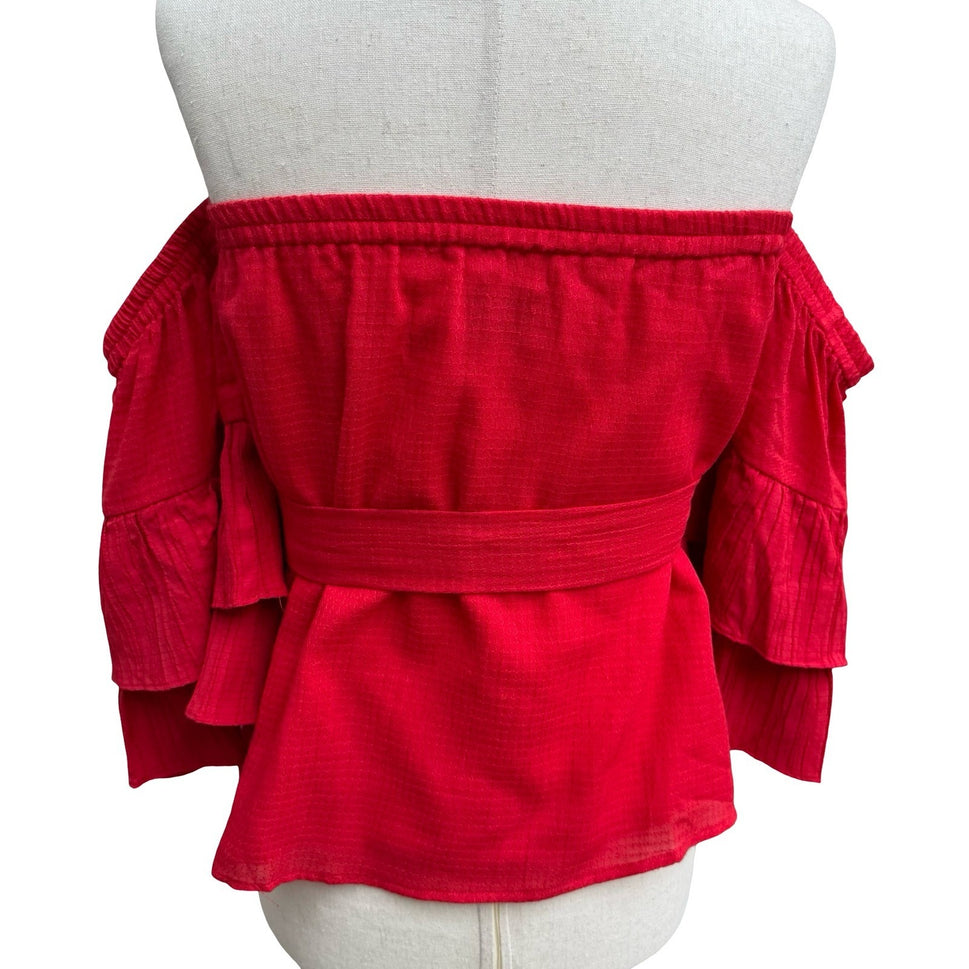 Suboo Romantic Boho Feminine Off Shoulder Ruffle Sleeve Peplum Tiered Top Red XS