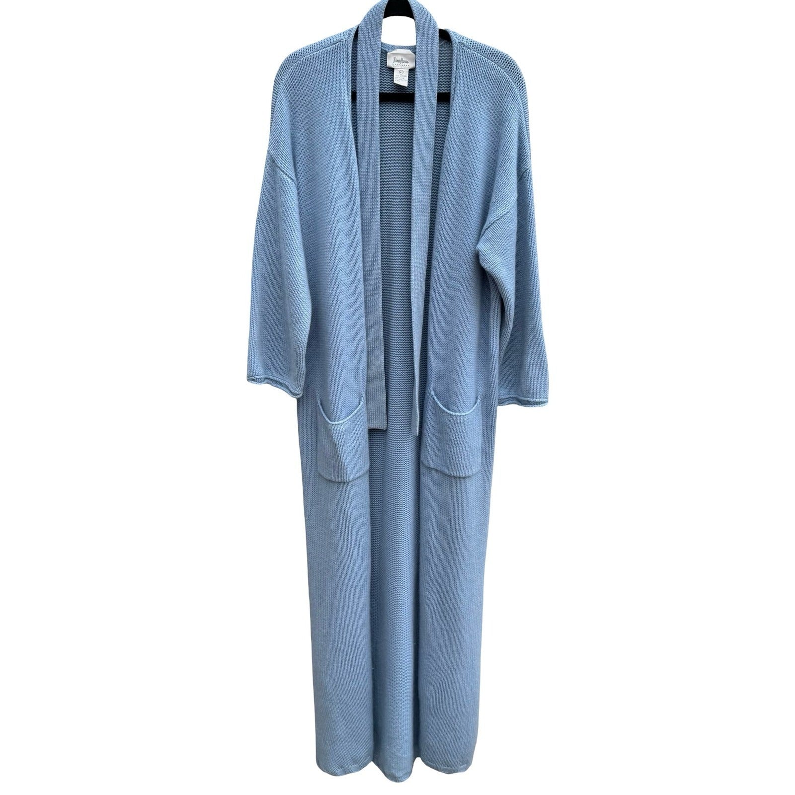 Neiman Marcus Cashmere Duster Cardigan Pastel Blue Longline Open Front Sweater L
