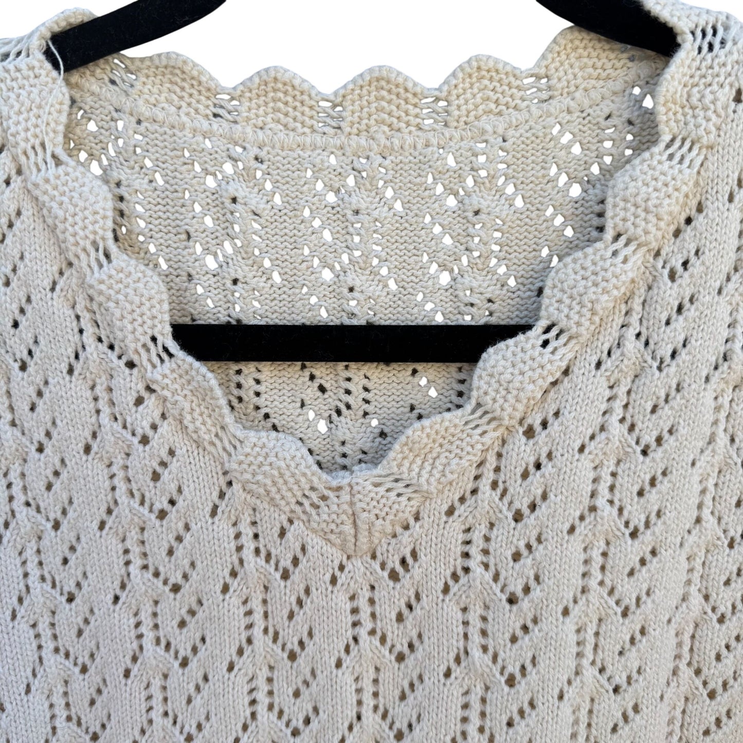 Vintage 80s Womens Cream Scalloped V-Neck Crochet Pointelle Knit Sweater Cottage