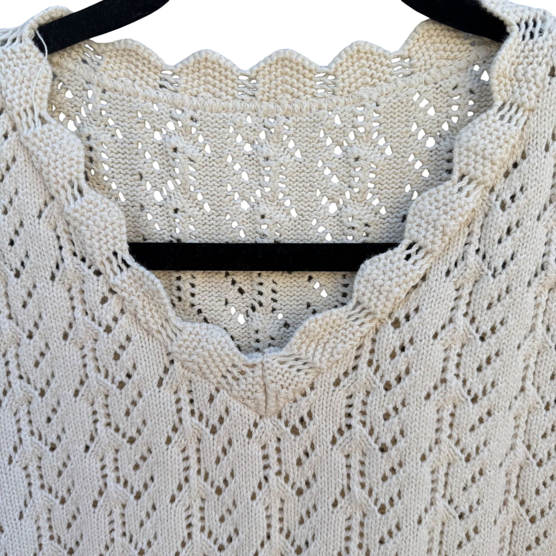 Vintage 80s Womens Cream Scalloped V-Neck Crochet Pointelle Knit Sweater Cottage