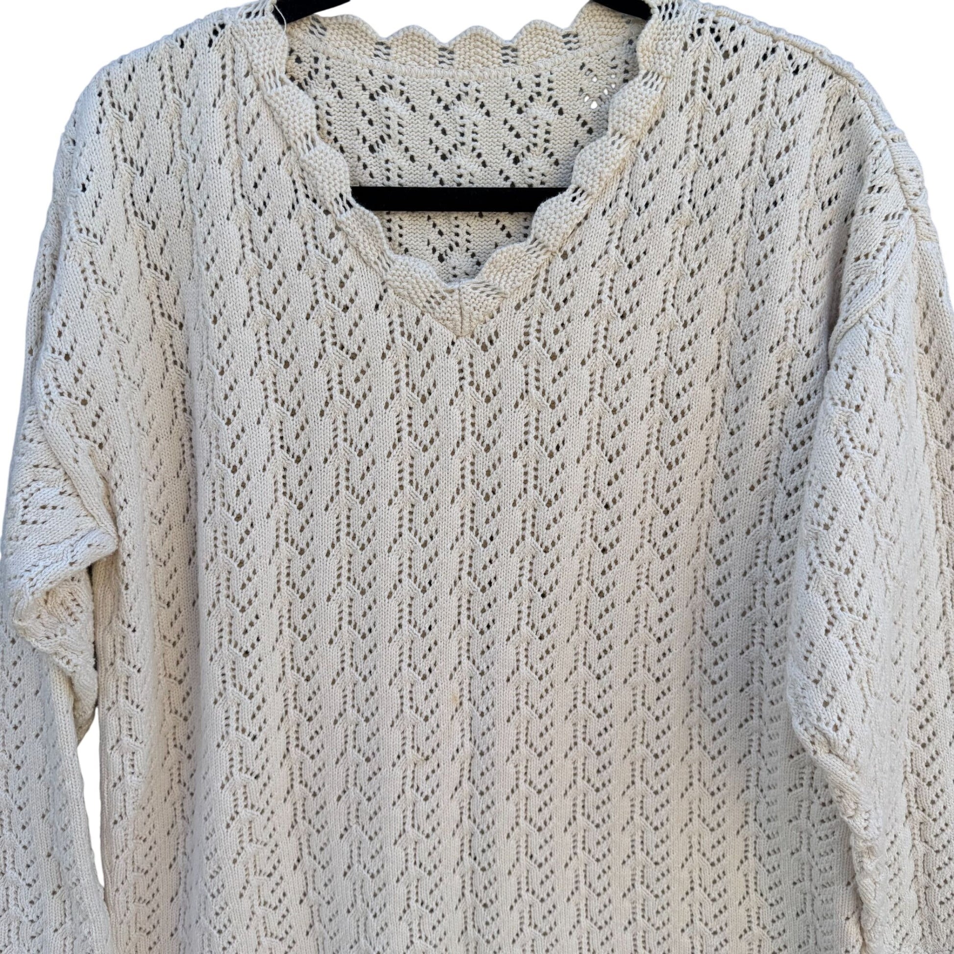 Vintage 80s Womens Cream Scalloped V-Neck Crochet Pointelle Knit Sweater Cottage