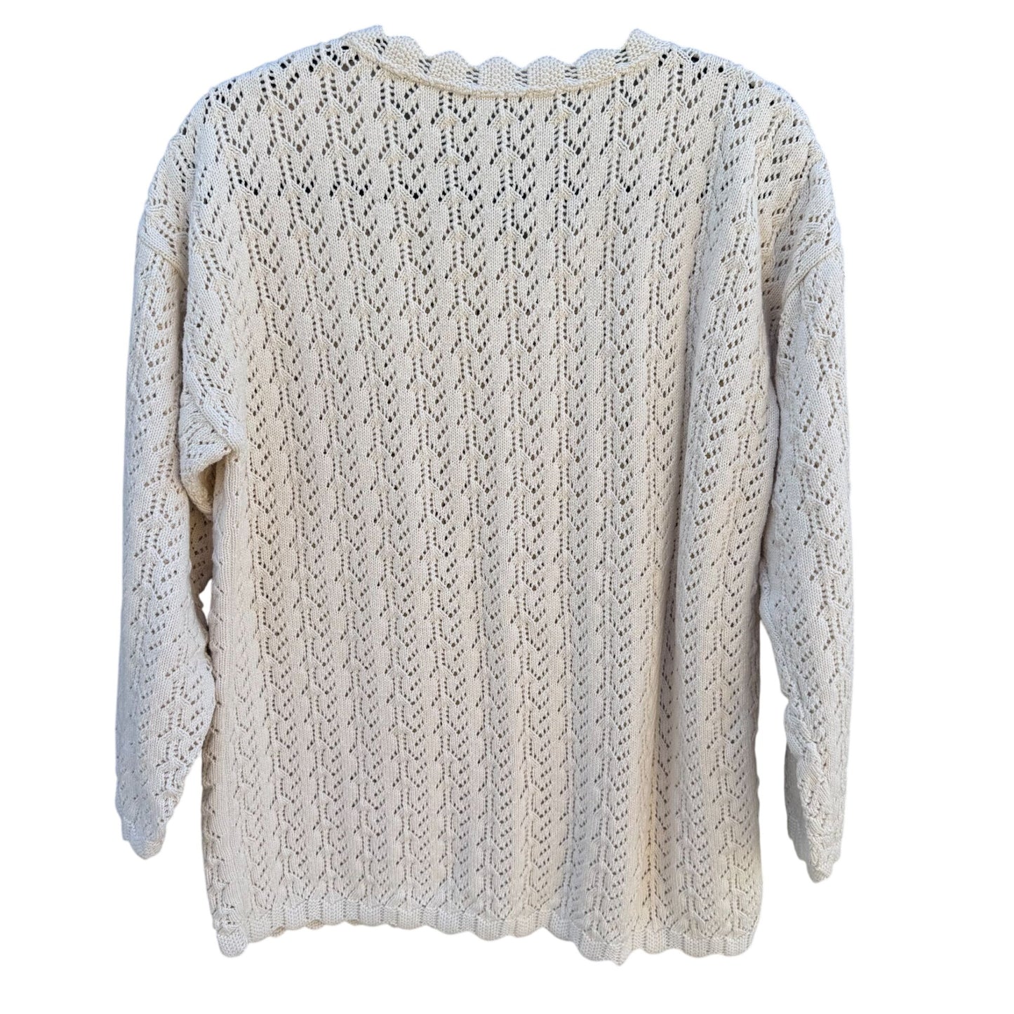 Vintage 80s Womens Cream Scalloped V-Neck Crochet Pointelle Knit Sweater Cottage
