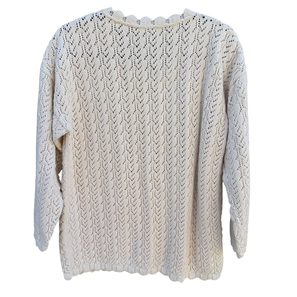Vintage 80s Womens Cream Scalloped V-Neck Crochet Pointelle Knit Sweater Cottage