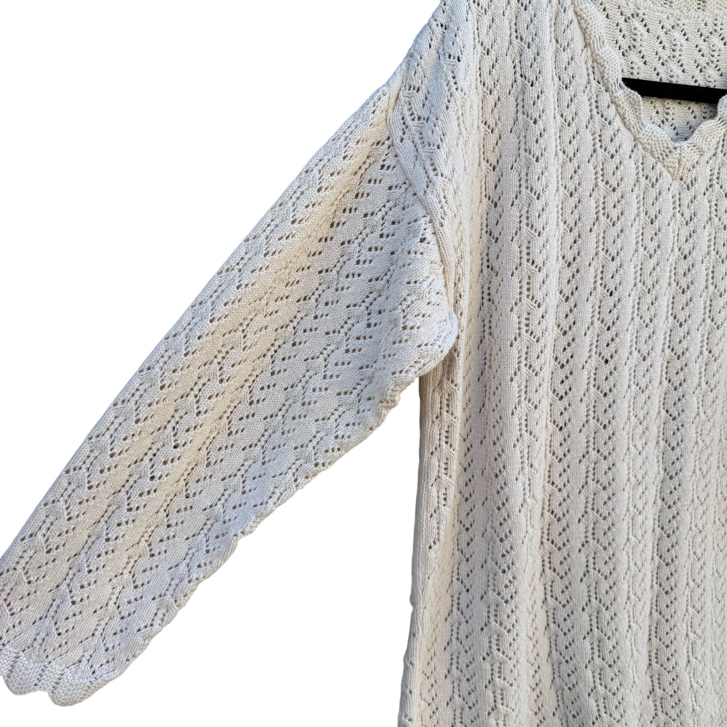 Vintage 80s Womens Cream Scalloped V-Neck Crochet Pointelle Knit Sweater Cottage