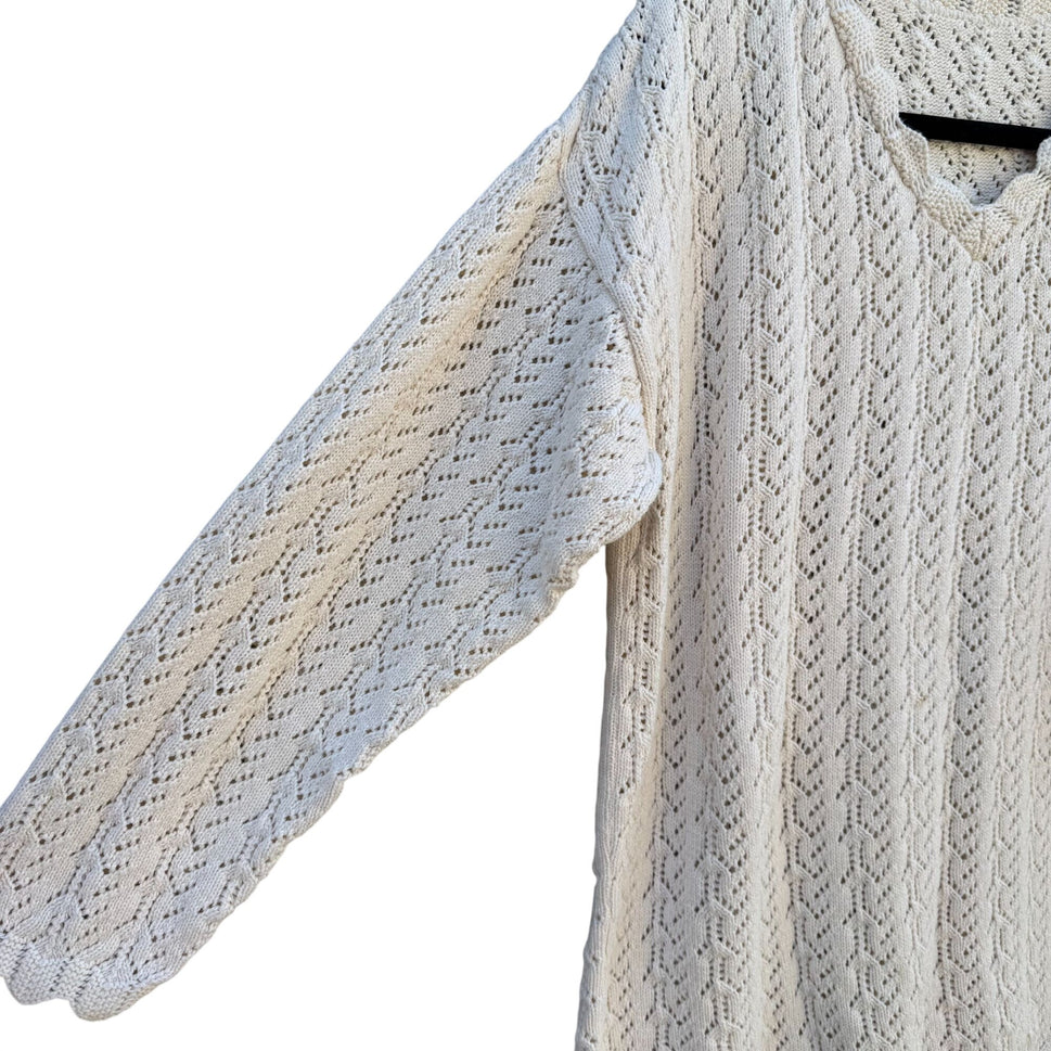 Vintage 80s Womens Cream Scalloped V-Neck Crochet Pointelle Knit Sweater Cottage