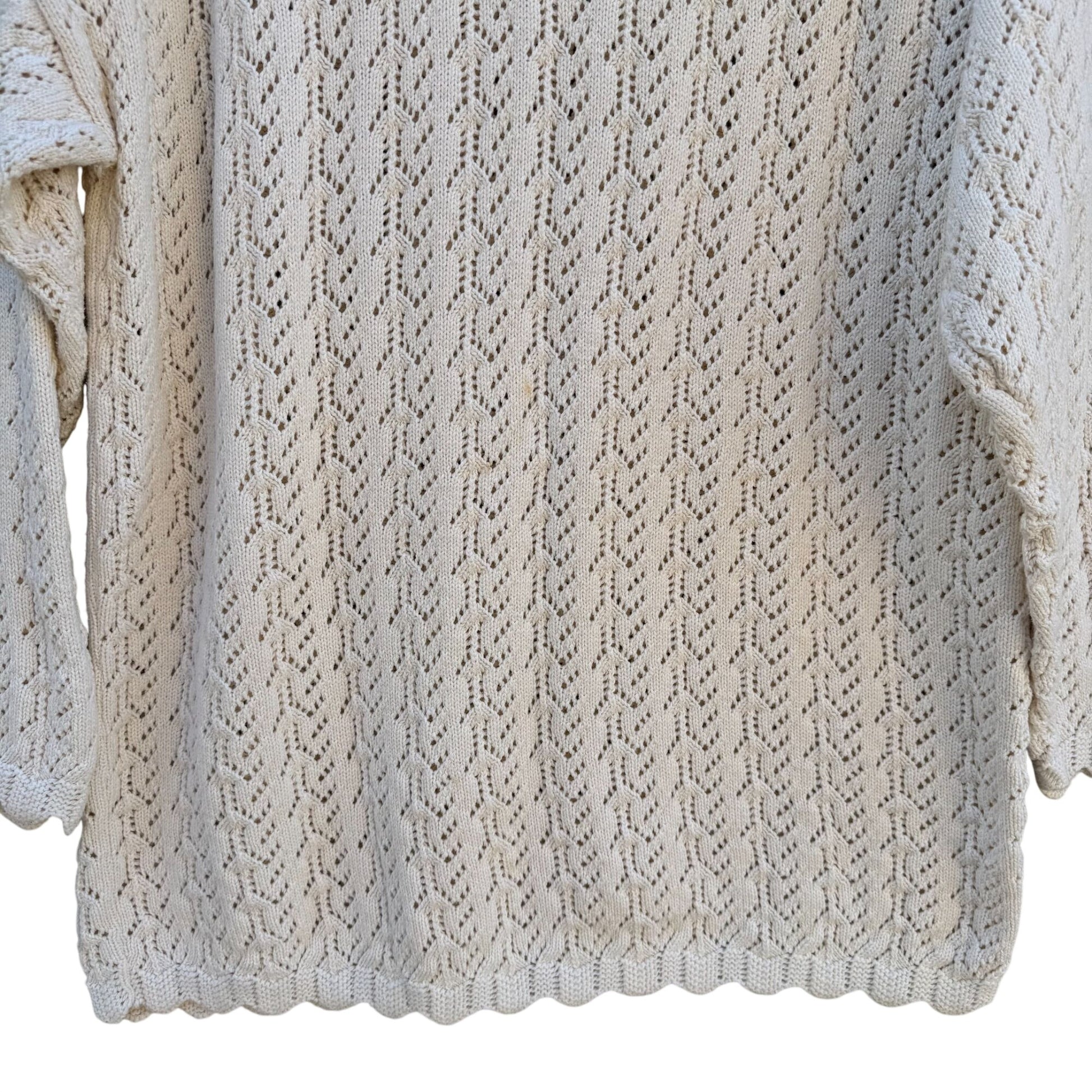 Vintage 80s Womens Cream Scalloped V-Neck Crochet Pointelle Knit Sweater Cottage