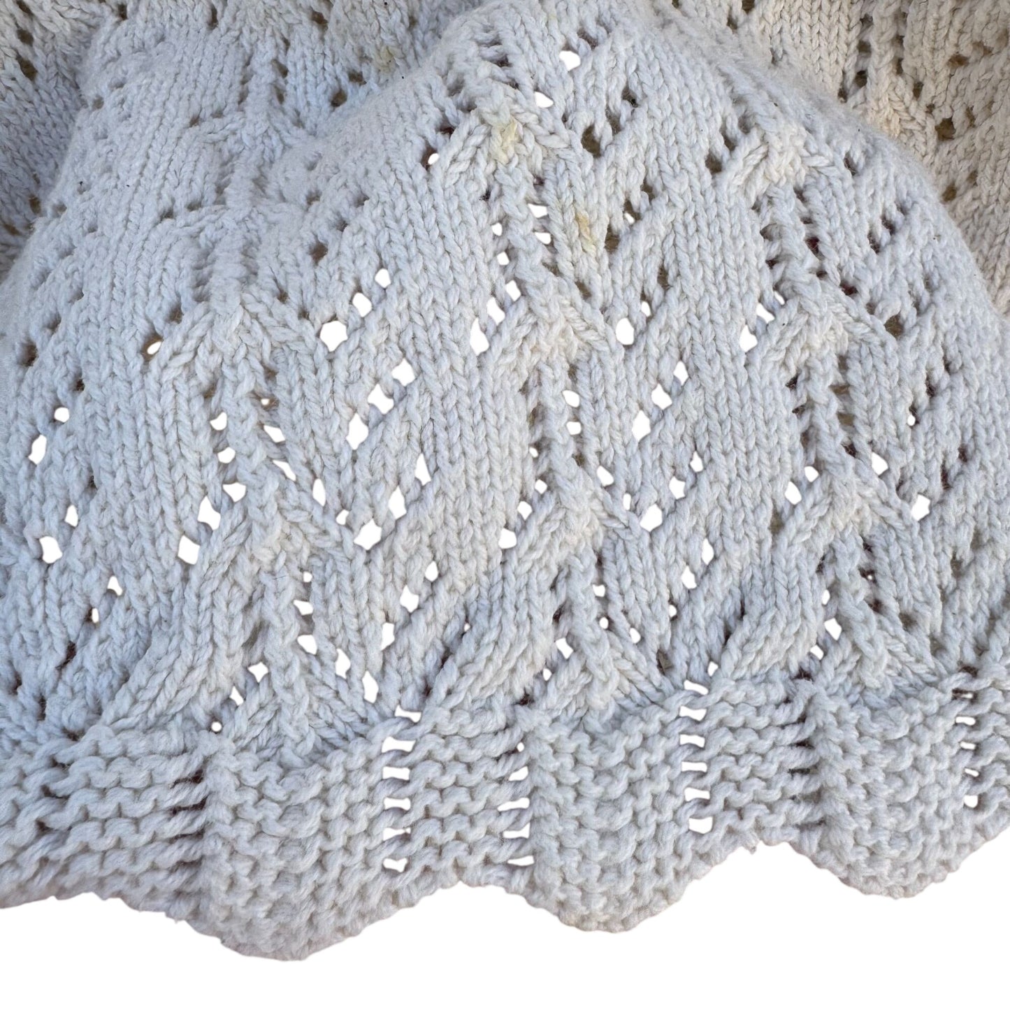 Vintage 80s Womens Cream Scalloped V-Neck Crochet Pointelle Knit Sweater Cottage
