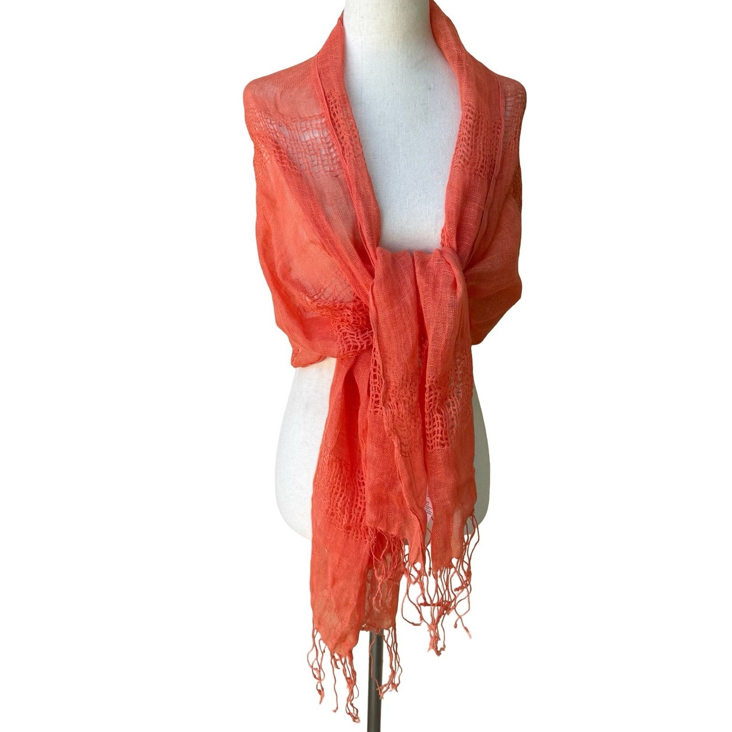 Coastal Boho Coral Orange 100% Linen Gauze Open Weave Ladder Stitch Fringe Scarf