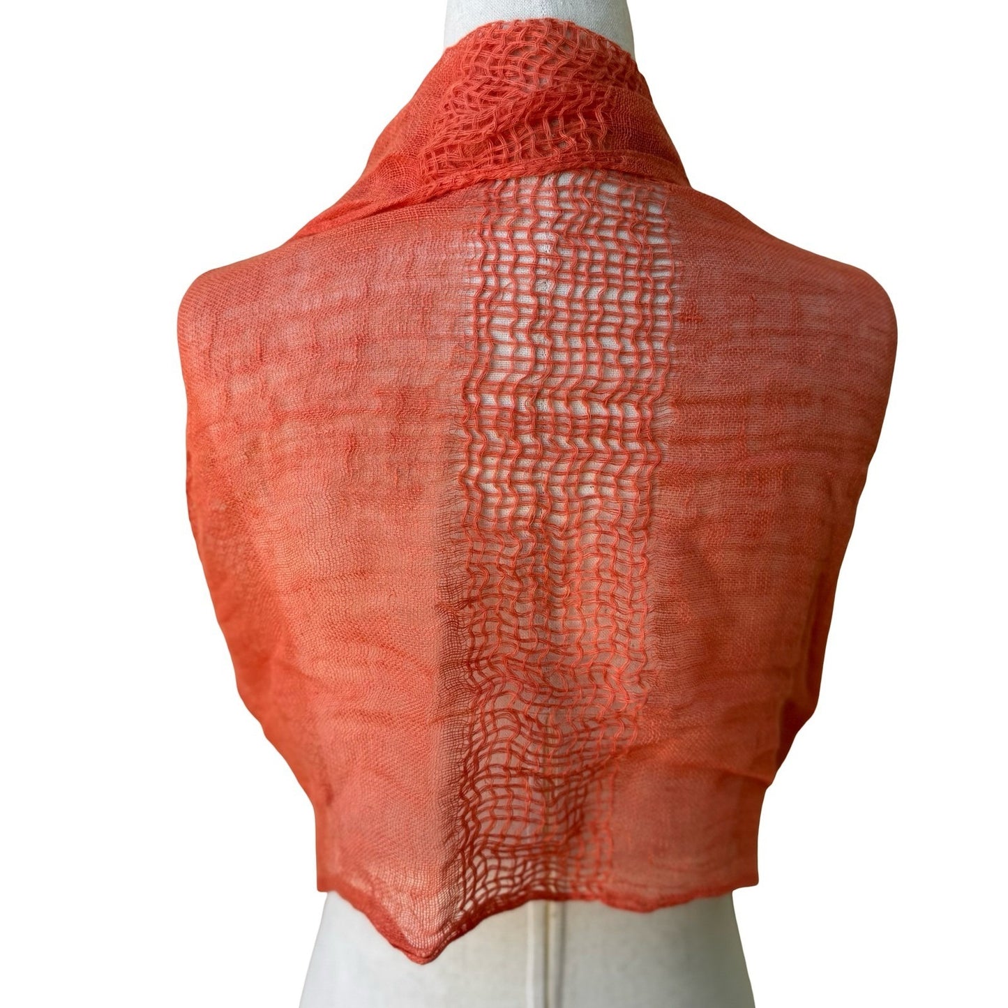 Coastal Boho Coral Orange 100% Linen Gauze Open Weave Ladder Stitch Fringe Scarf